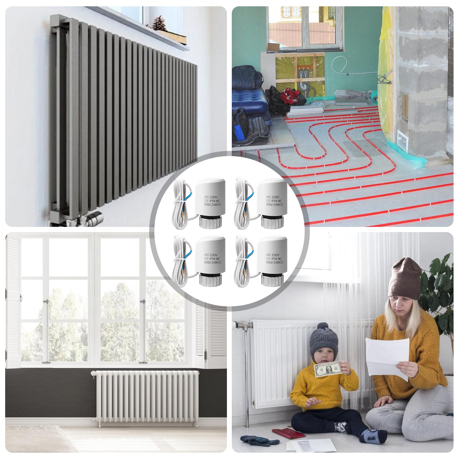4 unidades de control de calefacción por suelo radiante 230 V AC: NC M30x1,5 Motor de estantería termostática, control de estantería para calefacción por suelo radiante Control de estantería térmica
