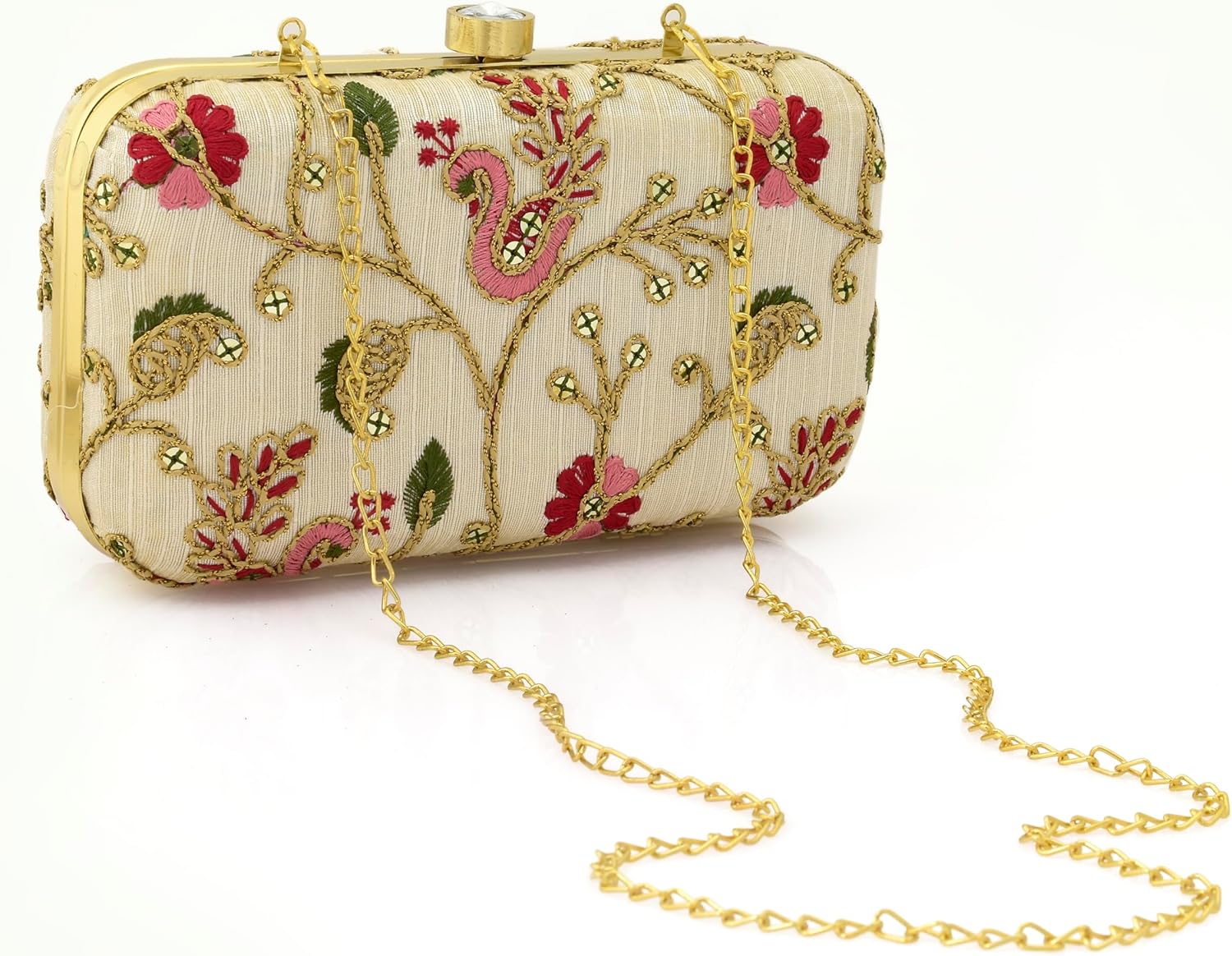Women’s Embroidered Evening Clutch Purse Ethnic Floral Hard Case Party Bag with Chain Strap Wedding & Festival Handbag