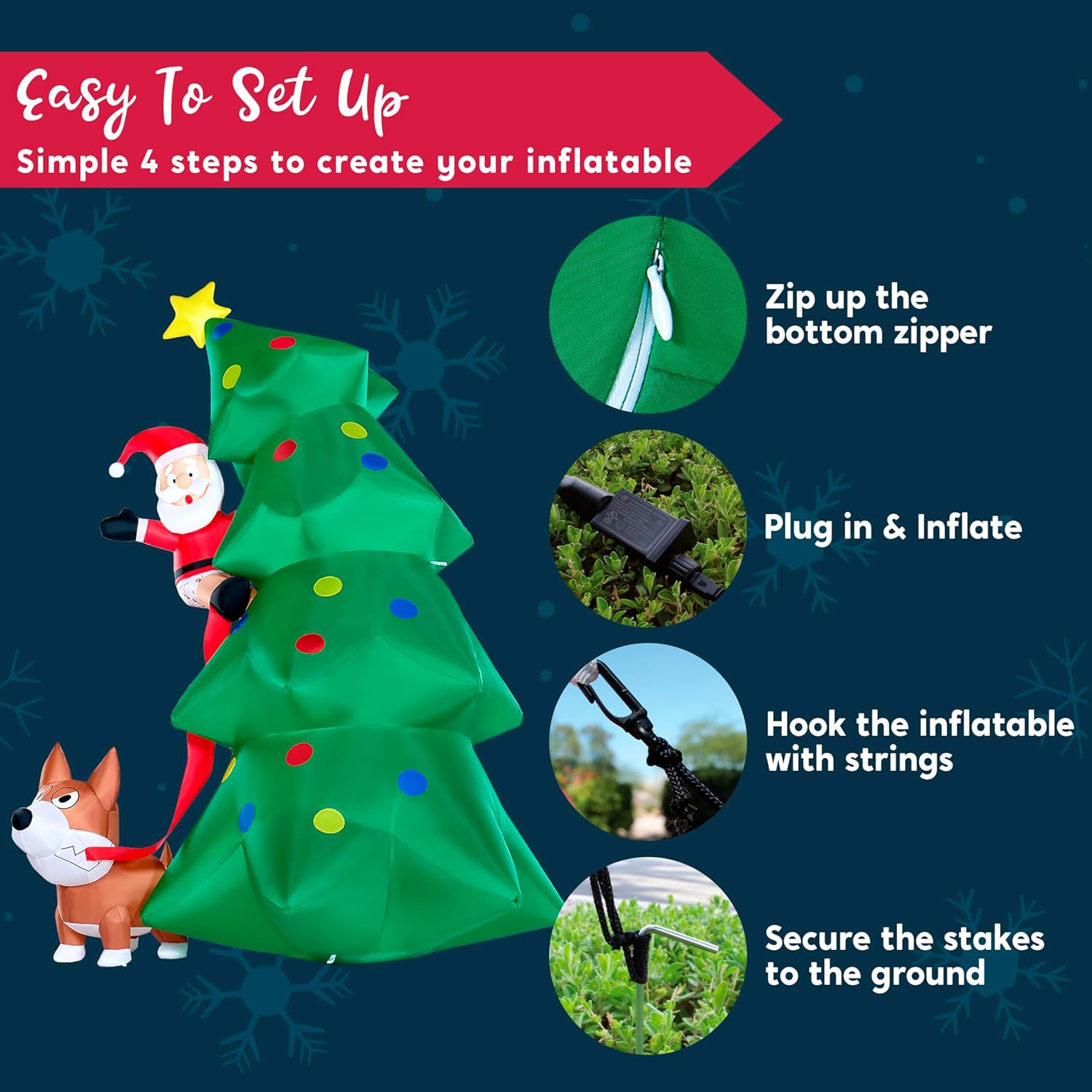 Four steps for easy setup of the inflatable: zip up bottom zipper, plug in and inflate, hook with strings, secure stakes to the ground