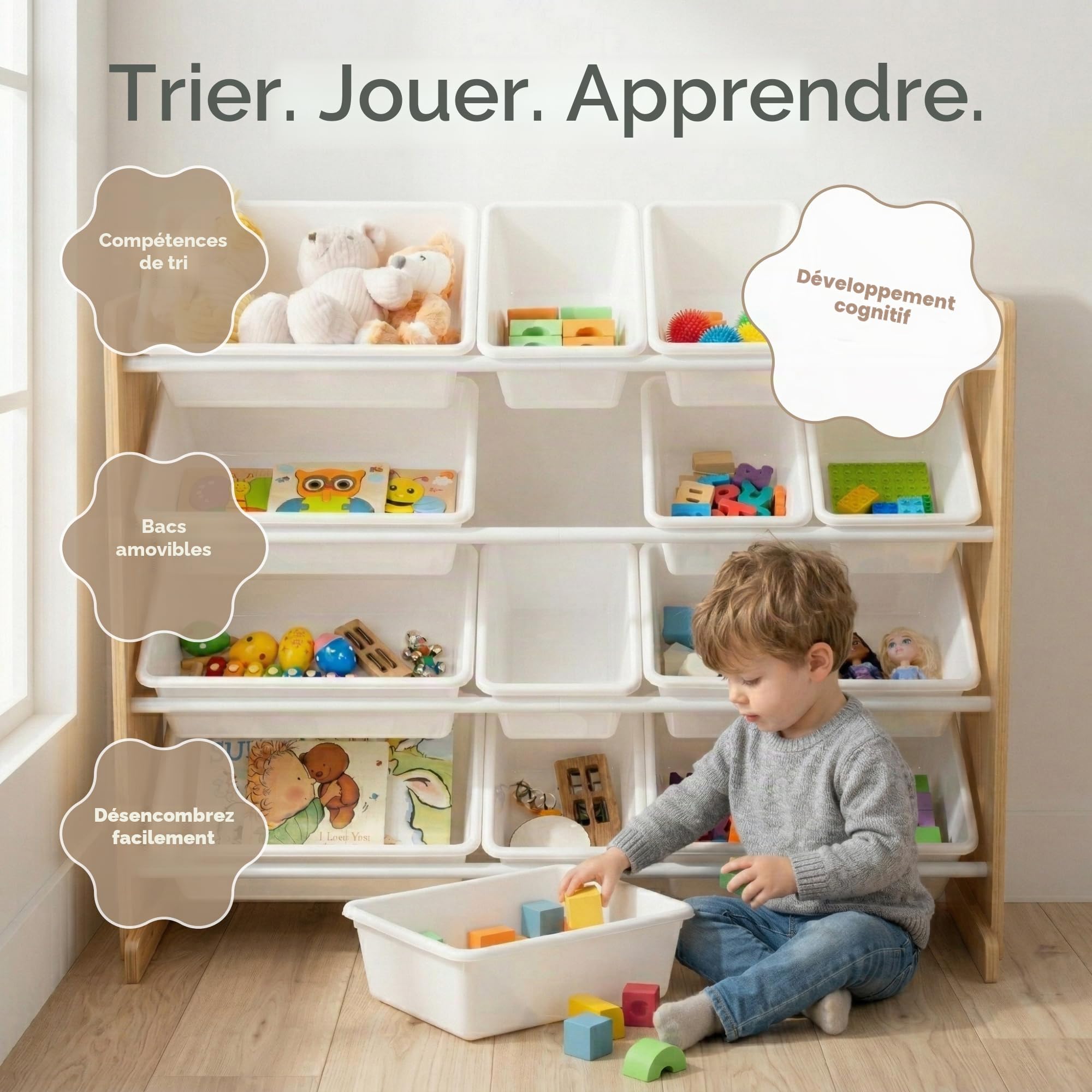 Humble Crew WO166 Étagère pour Enfants - Organisateur de Jouets avec 16 Bacs de Rangement, Naturel/Blanc