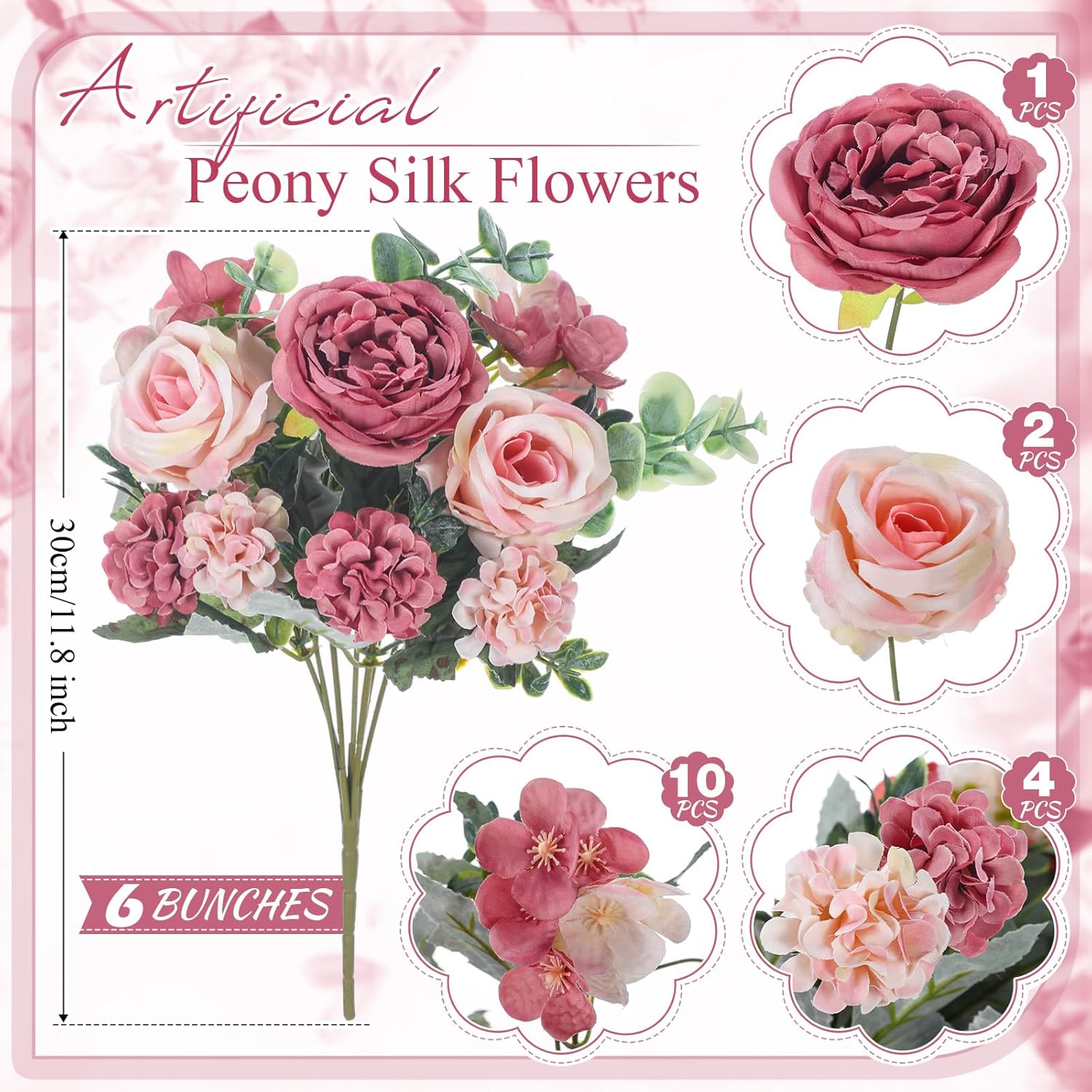 6 Pcs Artificial Peony Silk Florals Fake Mix Silk Peony Rose Faux Flower Hydrangea Bouquet Elegant Realistic Wedding Floral Centerpiece for Home Party Table Arrangement (Champagne with Red) - Image 2