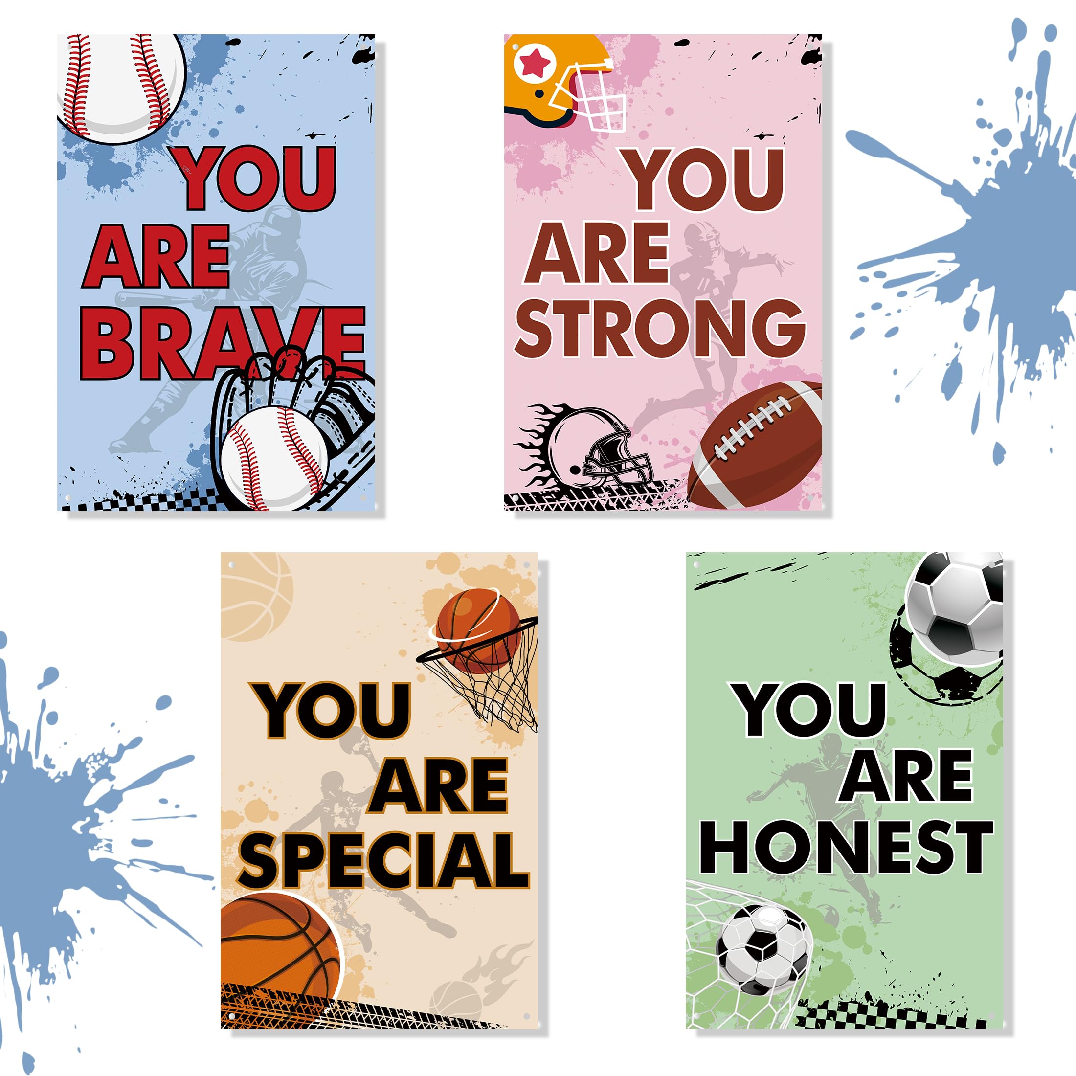 4 Pcs Sports Bedroom Inspirational Wall Decor Sign for Kids, Soccer Basketball Baseball Rugby Decor, Art Inspired Hanging Signs Boys Girls Kids