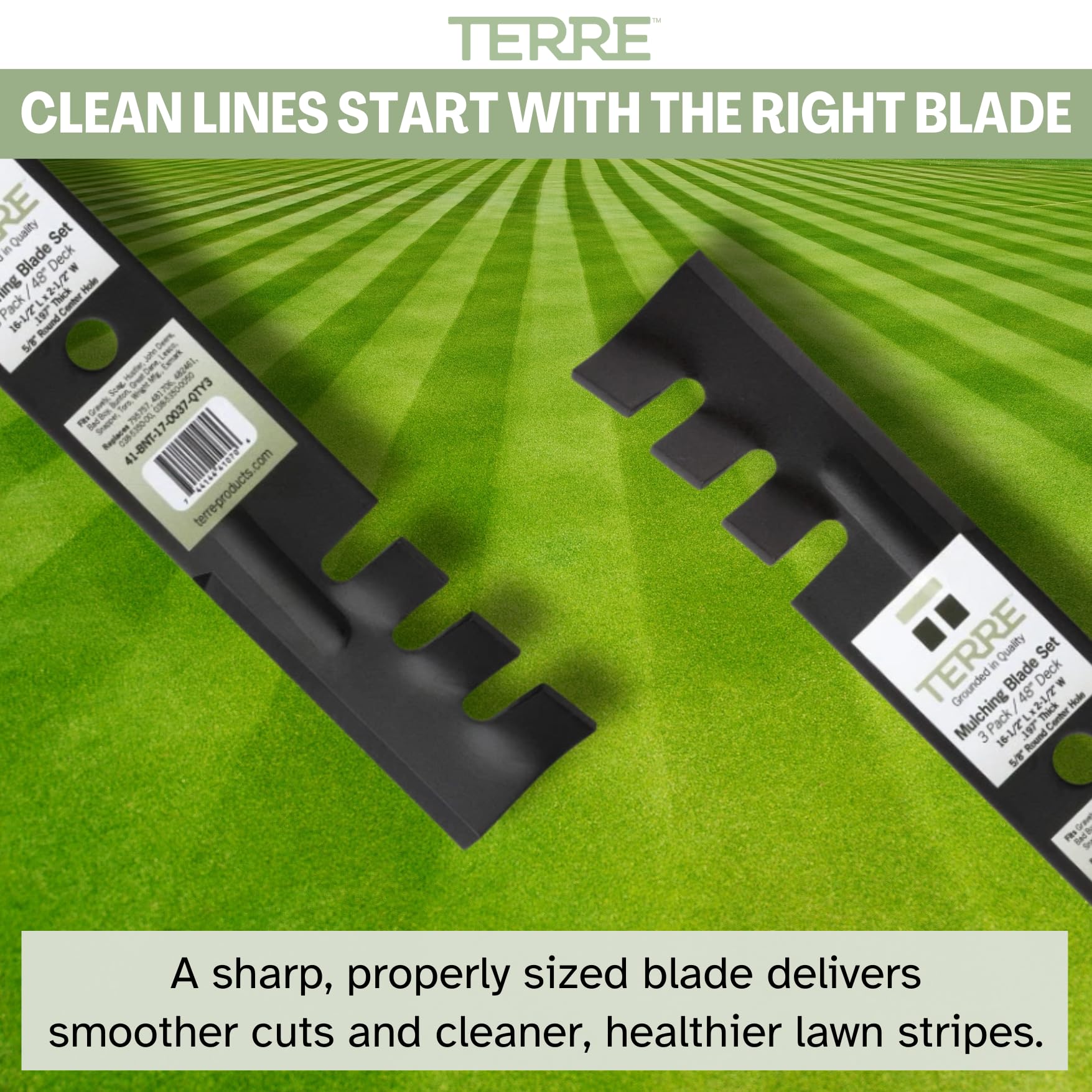 Terre Products - Paquete de 3 Cuchillas para cortacésped, Cubierta de 48 Pulgadas, Compatible con Gravely, Scag, Hustler, John Deere, Repuesto para 795757, 481706, 482461
