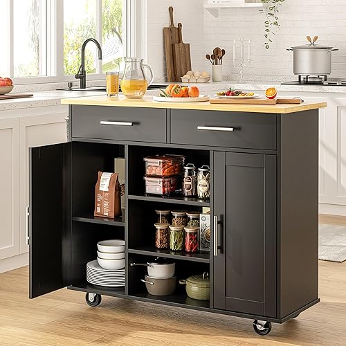 Miniatura 8 de SUNLEI Isla de cocina con ruedas con armario de almacenamiento, carrito organizador de almacenamiento de cocina con estante de especias de 3 lados,