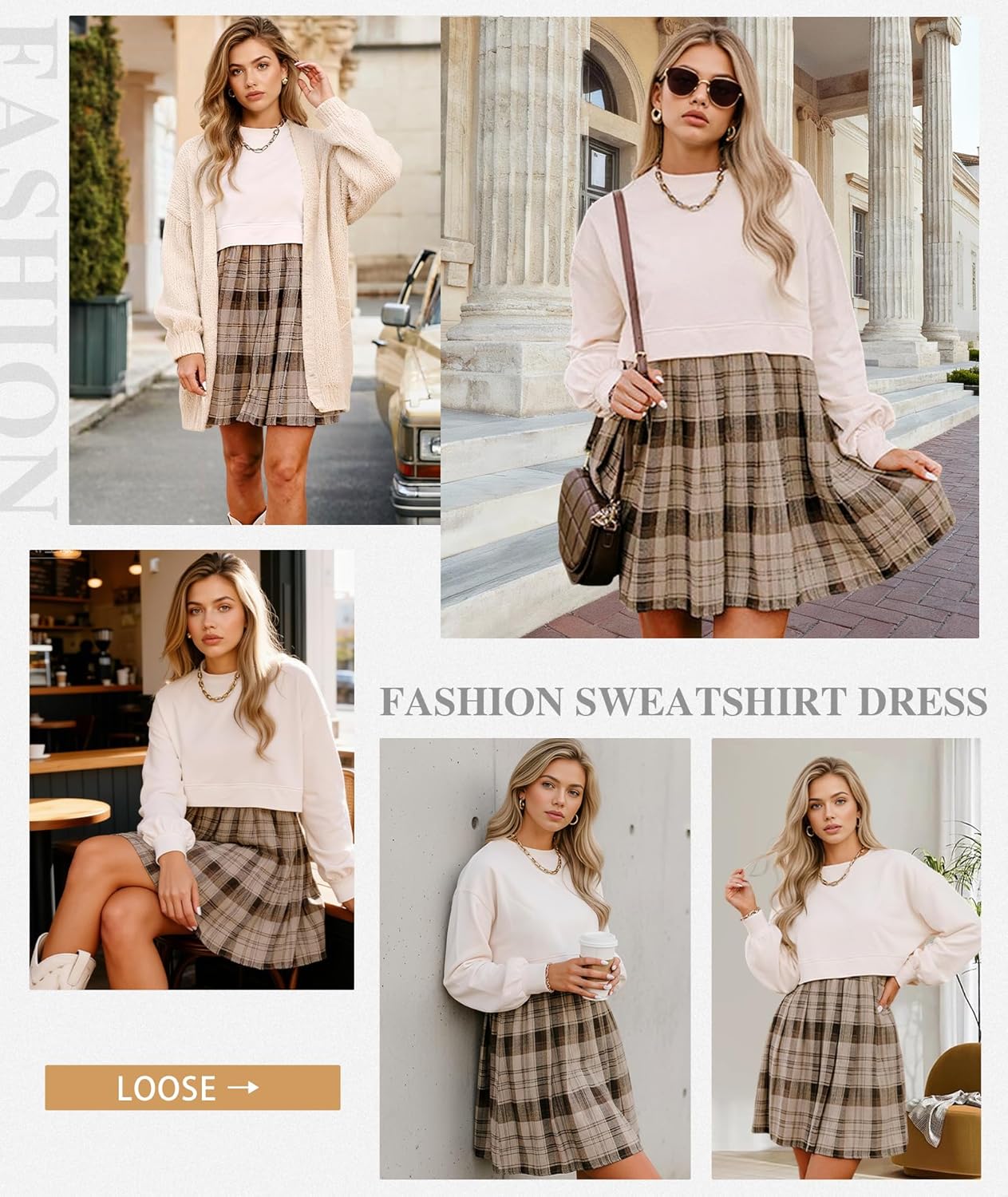 MARZXIN Women Sweatshirt Dress Long Sleeve Patchwork Crew Neck Pullover Tops Loose Flowy Plaid Skirt Mini Dress - Image 2