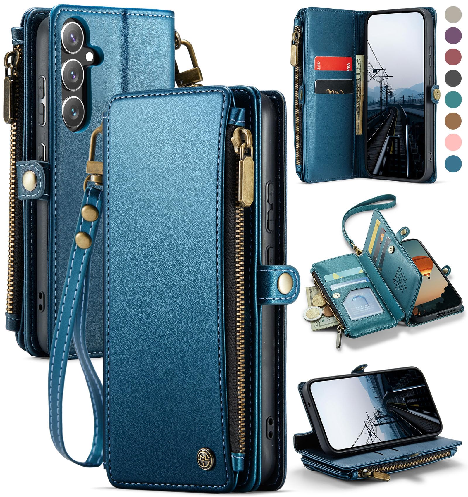 Defencase for Galaxy S25 Case Wallet with RFID Blocking Card Holder for Women Men, Elegant PU Leather Magnetic Snap Flip Wristlet Strap Zipper Wallet