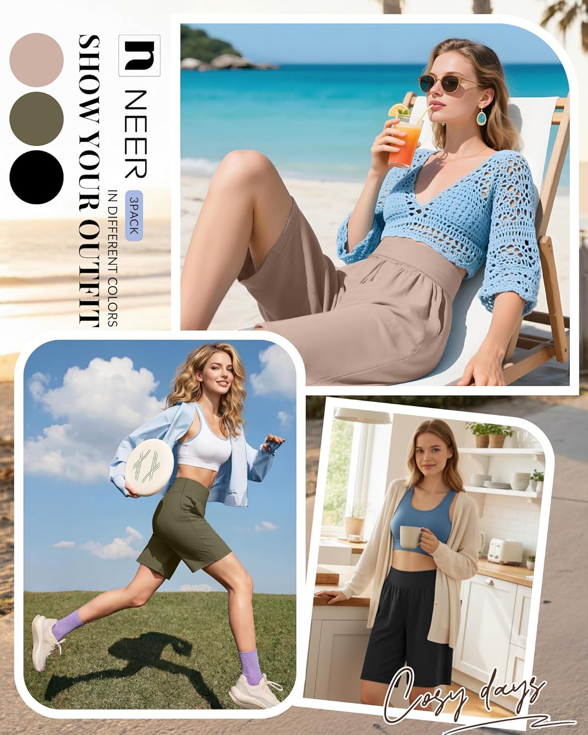 Neer 3 Pack Women's Bermuda Shorts, High Waist Basic Stretch Casual Bottoms Knee Length Summer Athletic Short with Pockets - Image 5