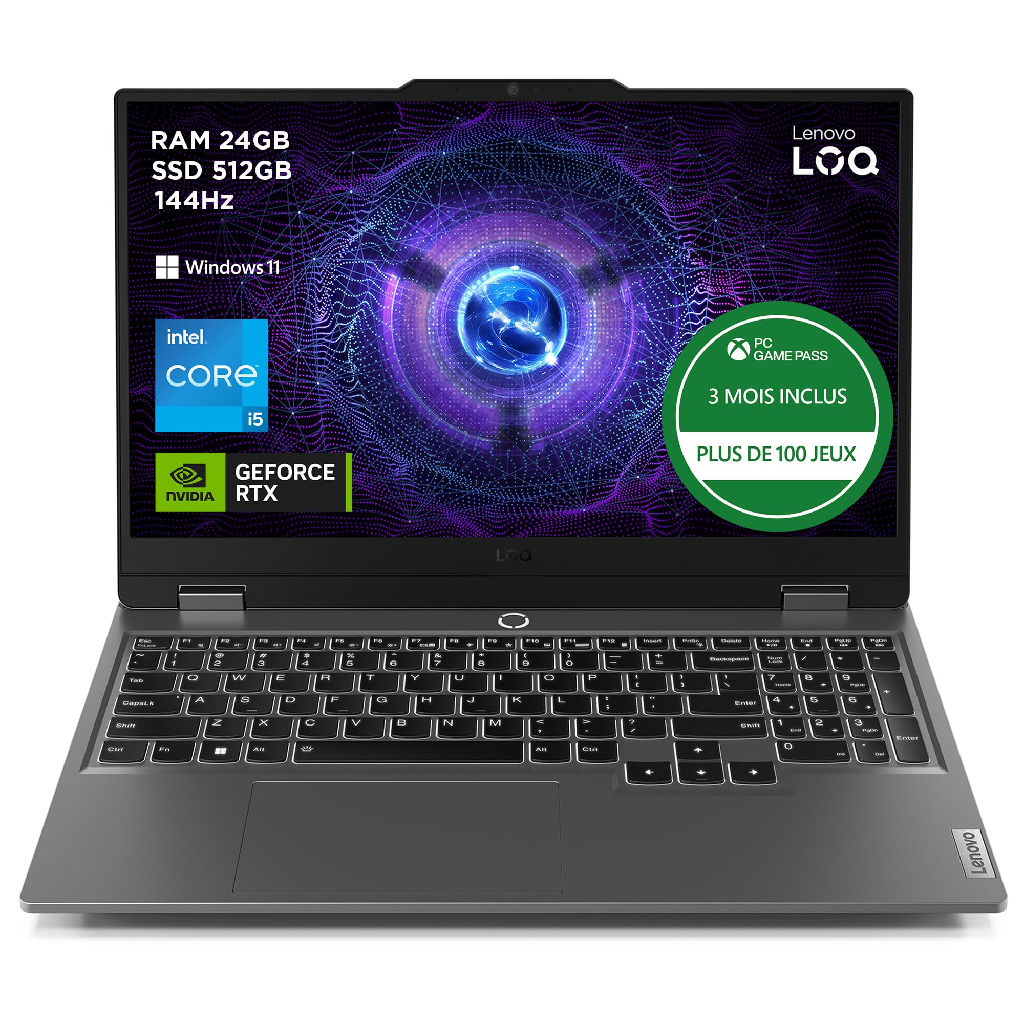 Lenovo LOQ 15IAX9 - Ordinateur Portable Gaming 15.6'' FHD 144Hz (Intel Core i5-12450HX, RAM 2x12Go, SSD 512Go, NVIDIA RTX 4060 8Go, Windows 11 Home) Clavier rétroéclairé AZERTY - Gris