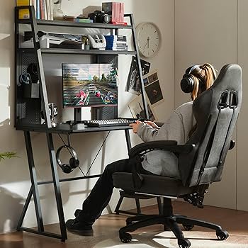 Dowinx Tall Gaming Desk with Shelves, Pegboard and LED Lights, 40