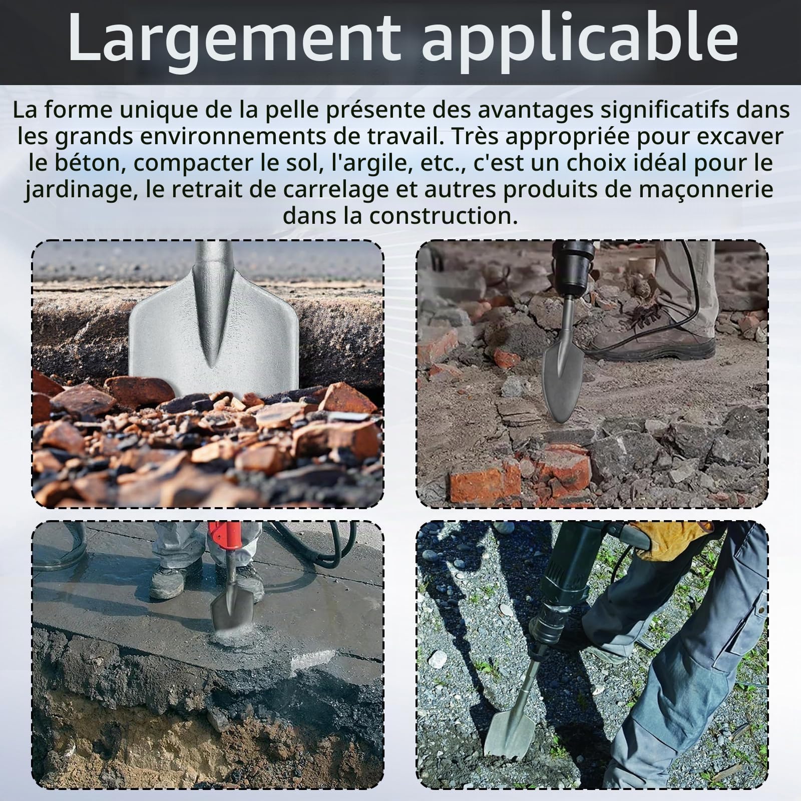 Burin SDS HEX, Pelle de 44 x 14 cm en Acier 40CR pour Pic Électrique 65A, Burin SDS HEX avec Douille Hexagonale pour Creuser le Béton, Enlever les Carreaux et les Sols Compactés