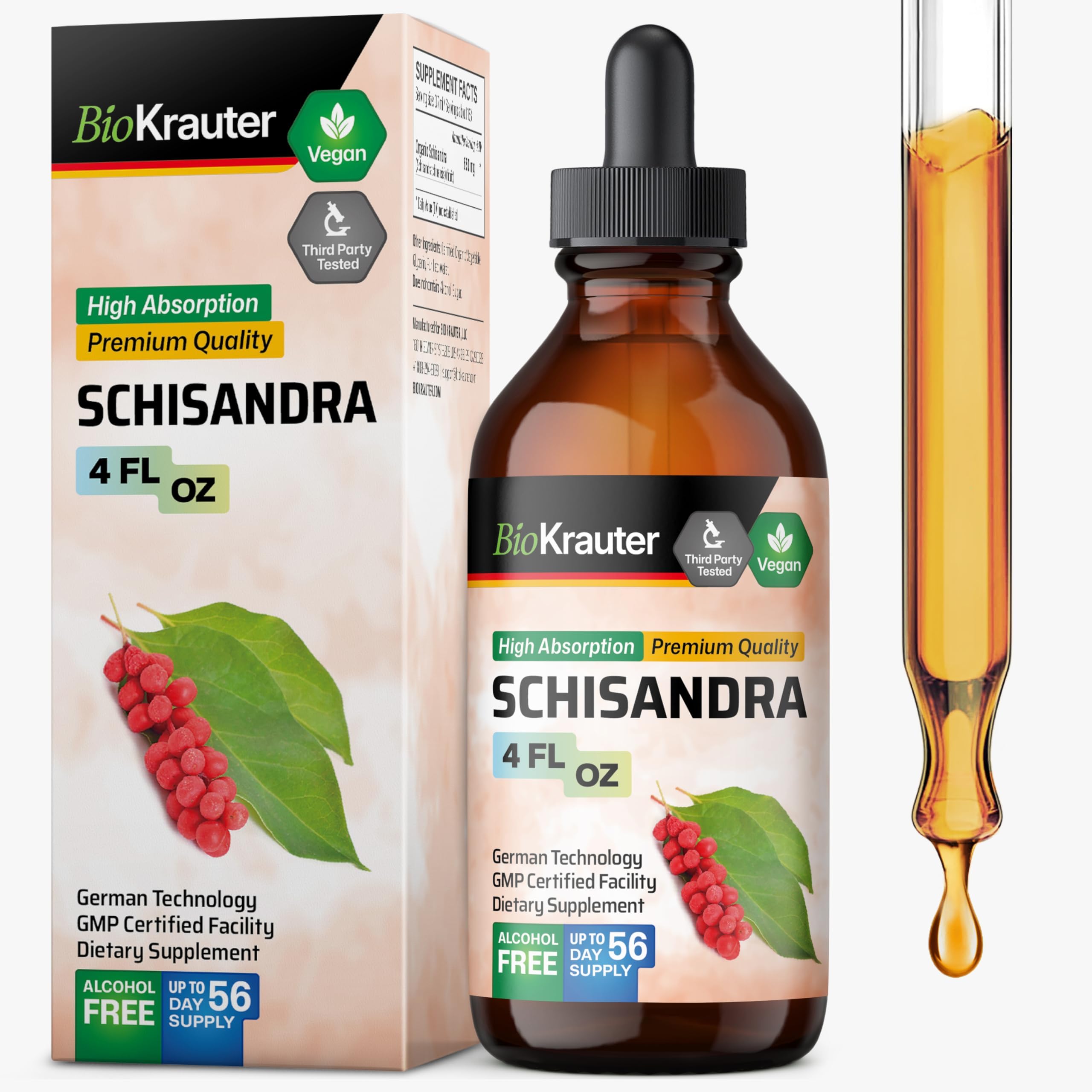 BIO KRAUTER® Schisandra for Calm & Relaxation - Pure Vegan Mood Support Supplement - Liquid Schisandra Berry 4 Fl.Oz - Natural Calm Drops 650 mg per Serving, 56-Day Supply, Alcohol & Sugar Free