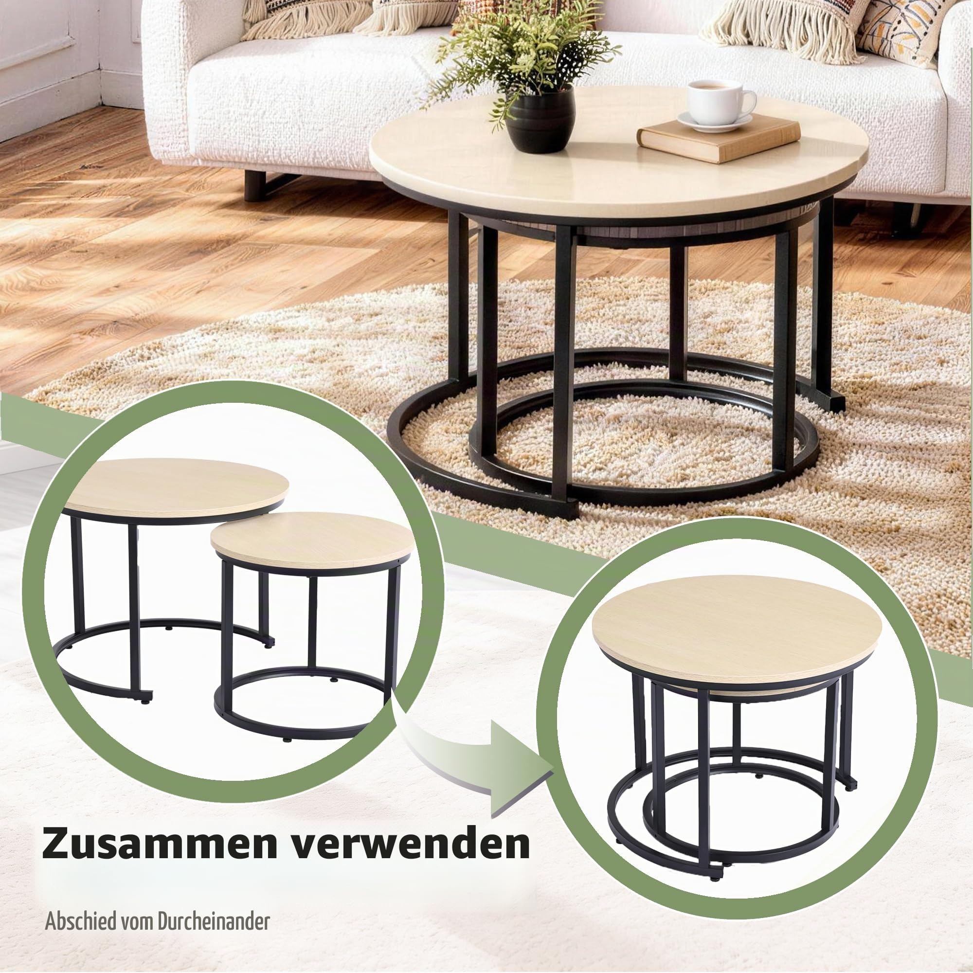 Runder Couchtisch 2er Set, Wohnzimmertisch mit Schwarz Metallgestell, Beistelltisch Set, Couchtisch mit Glatter Holzoptik, Sofatisch für Wohnzimmer, Schlafzimmer und Büro, Elfenbein