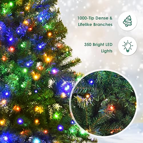 Miniatura 3 de Goplus Árbol de Navidad artificial preiluminado de 6 pies, árbol completo de Navidad de abeto con bisagras con 350 luces LED multicolor, 11 modos de