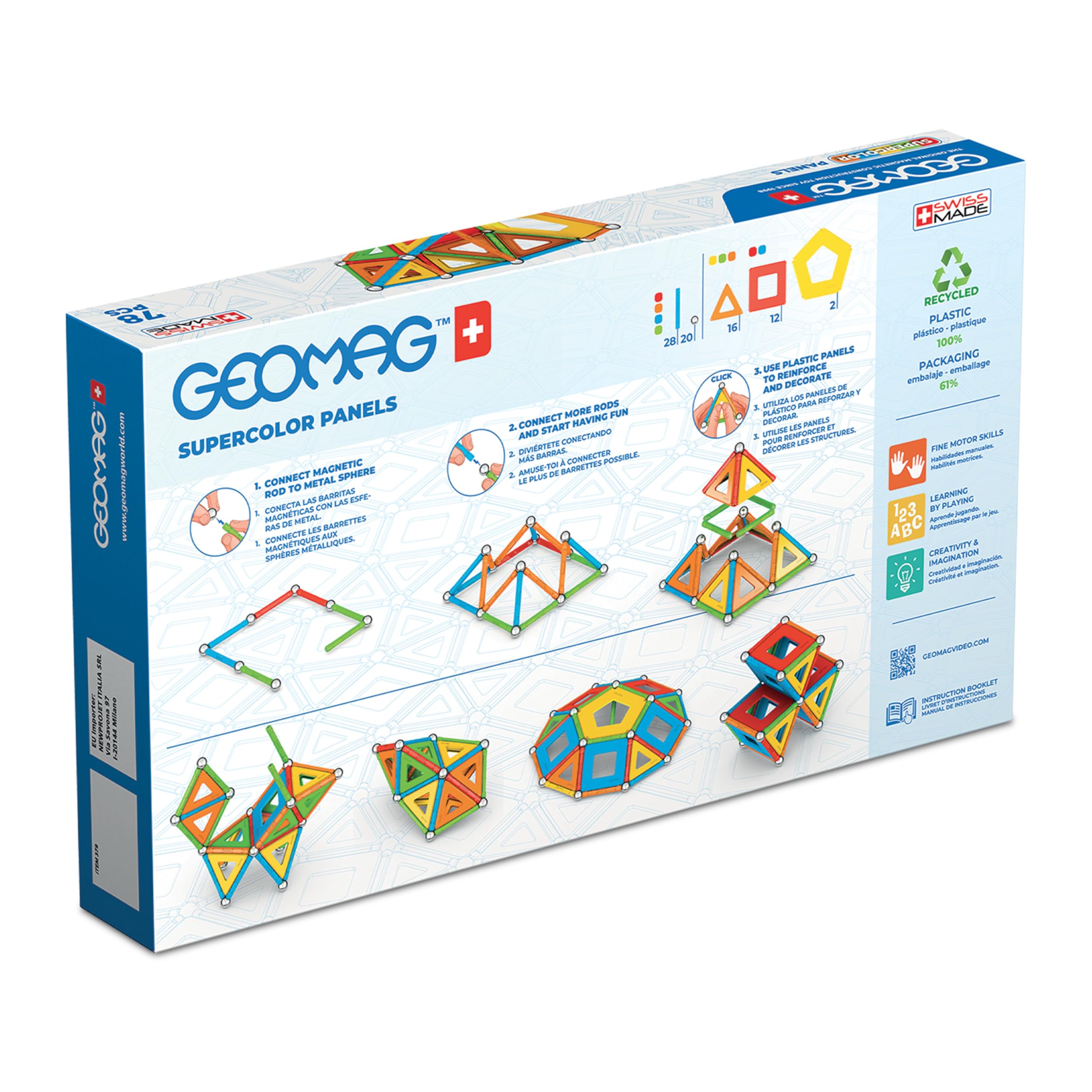 Geomag - Supercolor - Superkolorowe Magnetyczne Klocki dla Dzieci, Zabawka Magnetyczna, Gra Edukacyjna, Green Collection, 100% Plastiku z Recyklingu, 78 sztuk