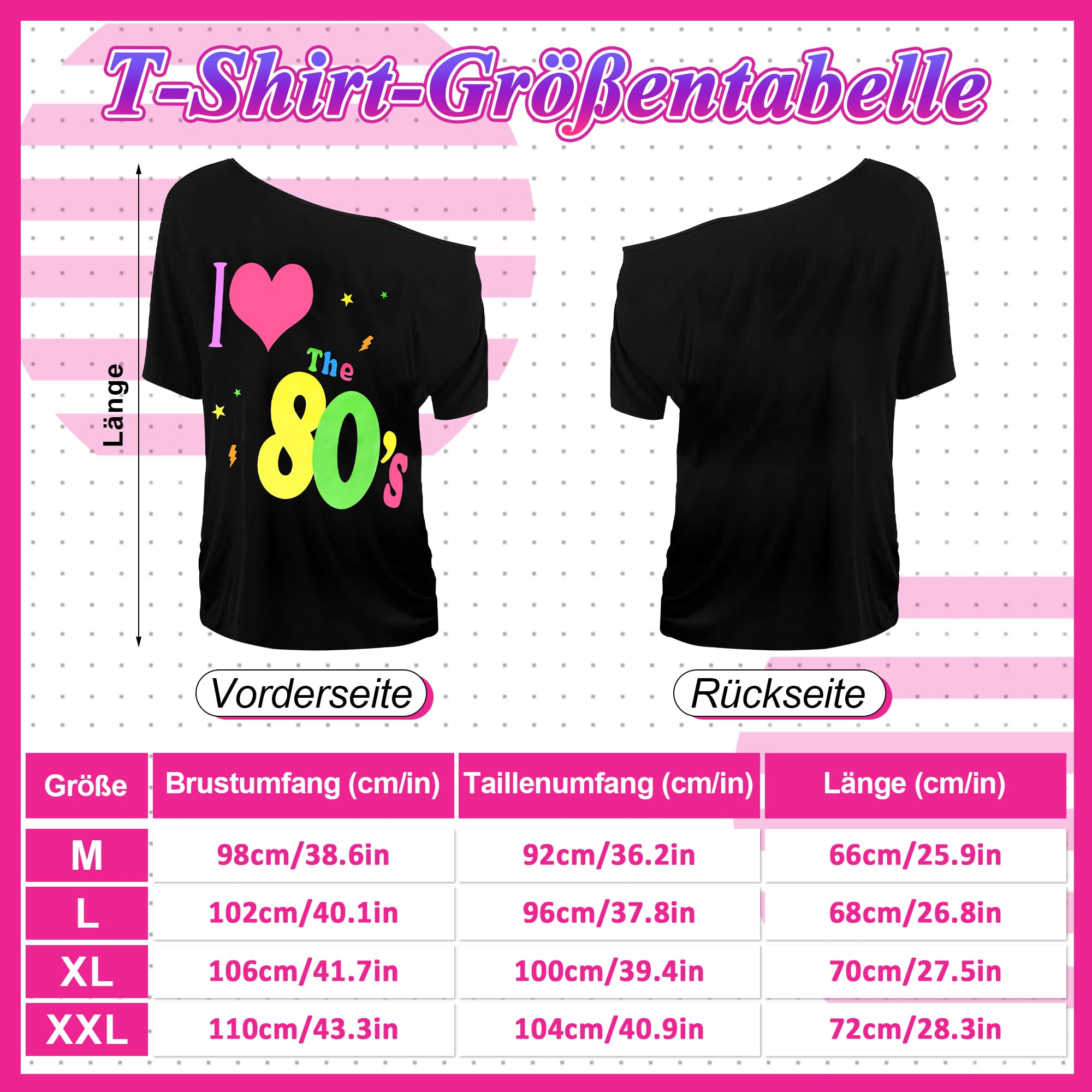 80er Jahre Kostüm Damen Set, 80s Outfit Frauen mit T-Shirt Gürteltasche Beinstulpen Netzhandchuhe Neon Schmuck, 80er Jahre Kleidung für Karneval Fasching Mottoparty Disco