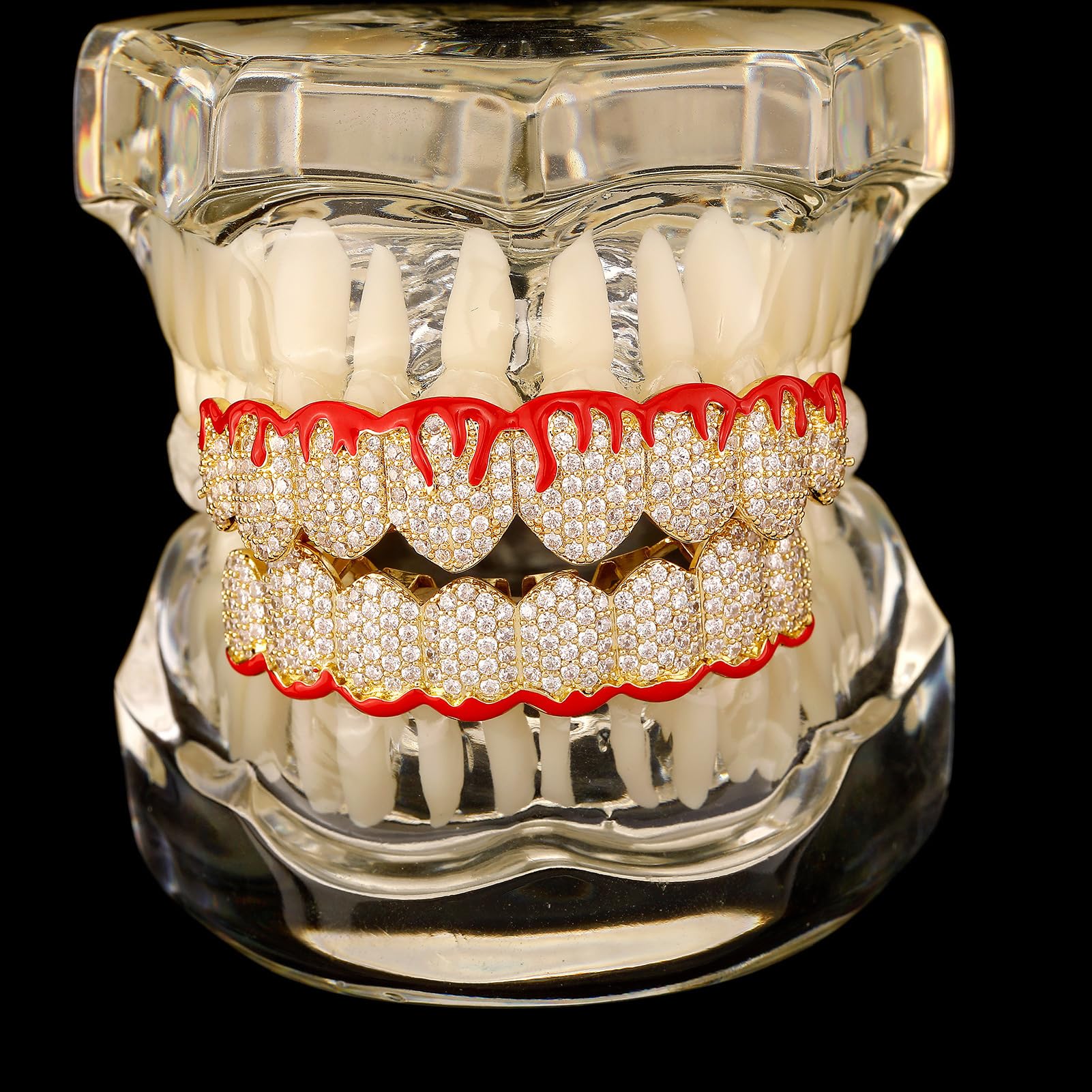 Generic Cosplay szelki Halloween śmieszne złote zęby 14k czerwony płomień cyrkon zęby Grillz - pozłacane mrożone CZ usta Grillz czapki, górny i dolny zestaw grilla, Rock Punk męska biżuteria, złota