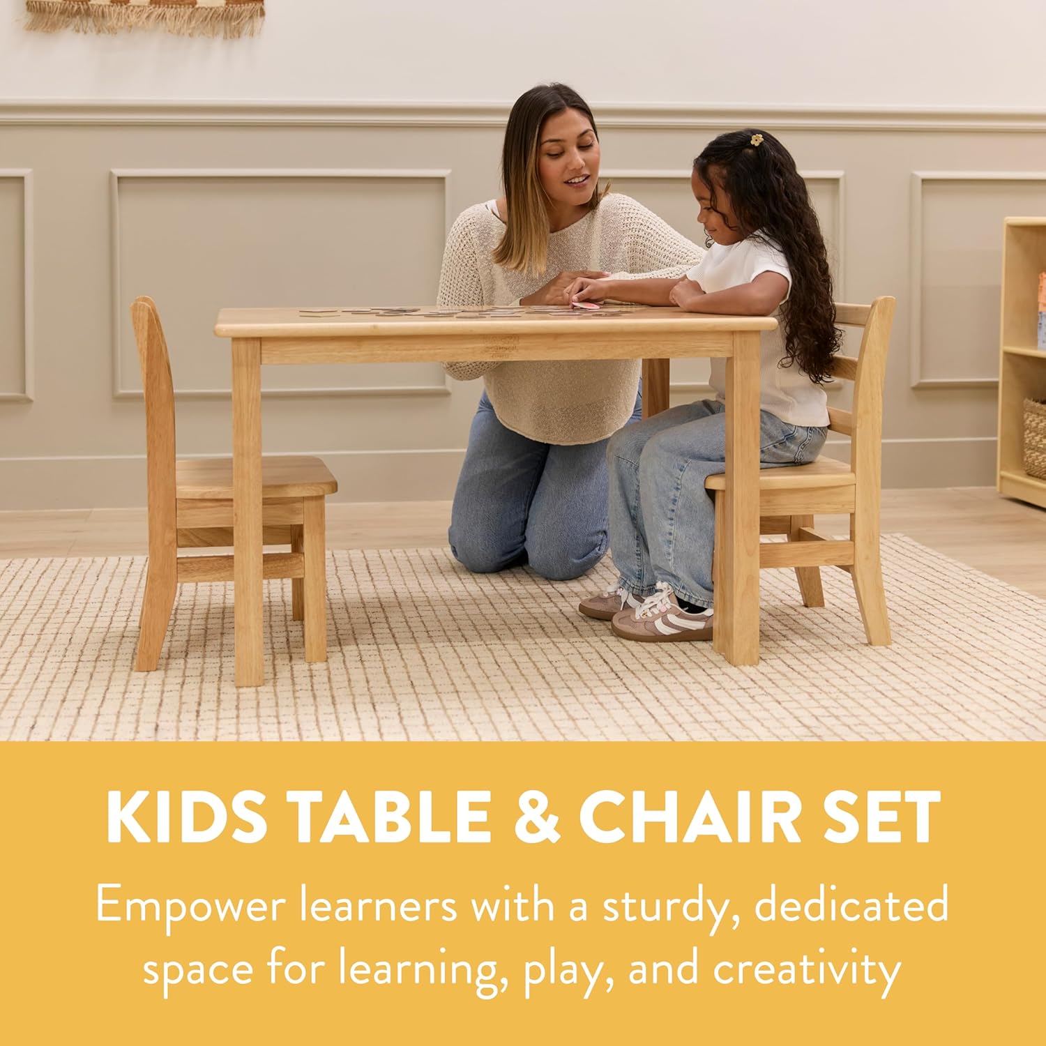 Wooden Activity Table and 12in Chairs, Wood Furniture, Natural, 3-Piece