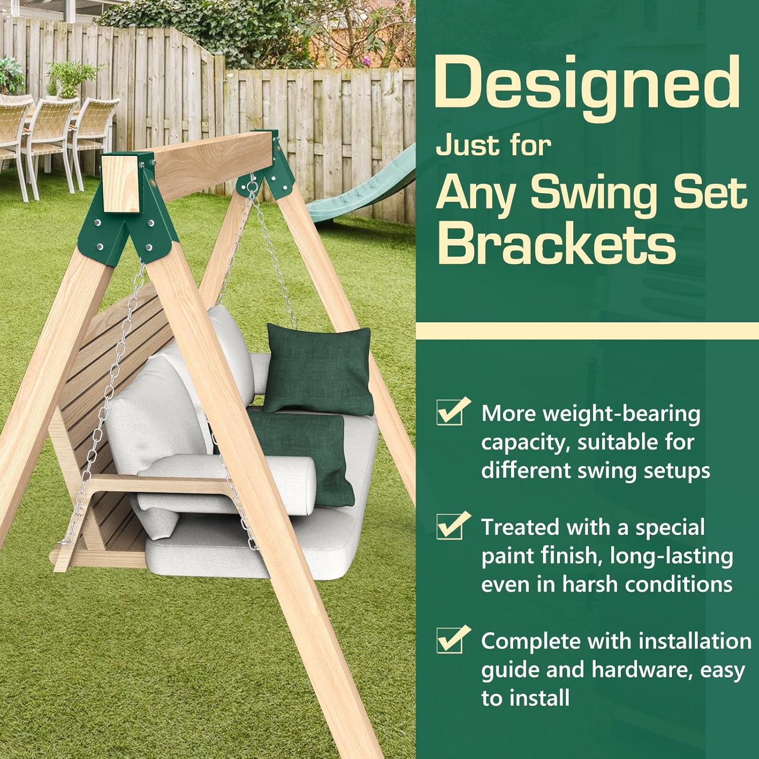 2 Pack A-Frame Swing Set Brackets - Heavy Duty Swingset Hardware 4x4 DIY Kit with Full Hardware for Backyard Playground-Green