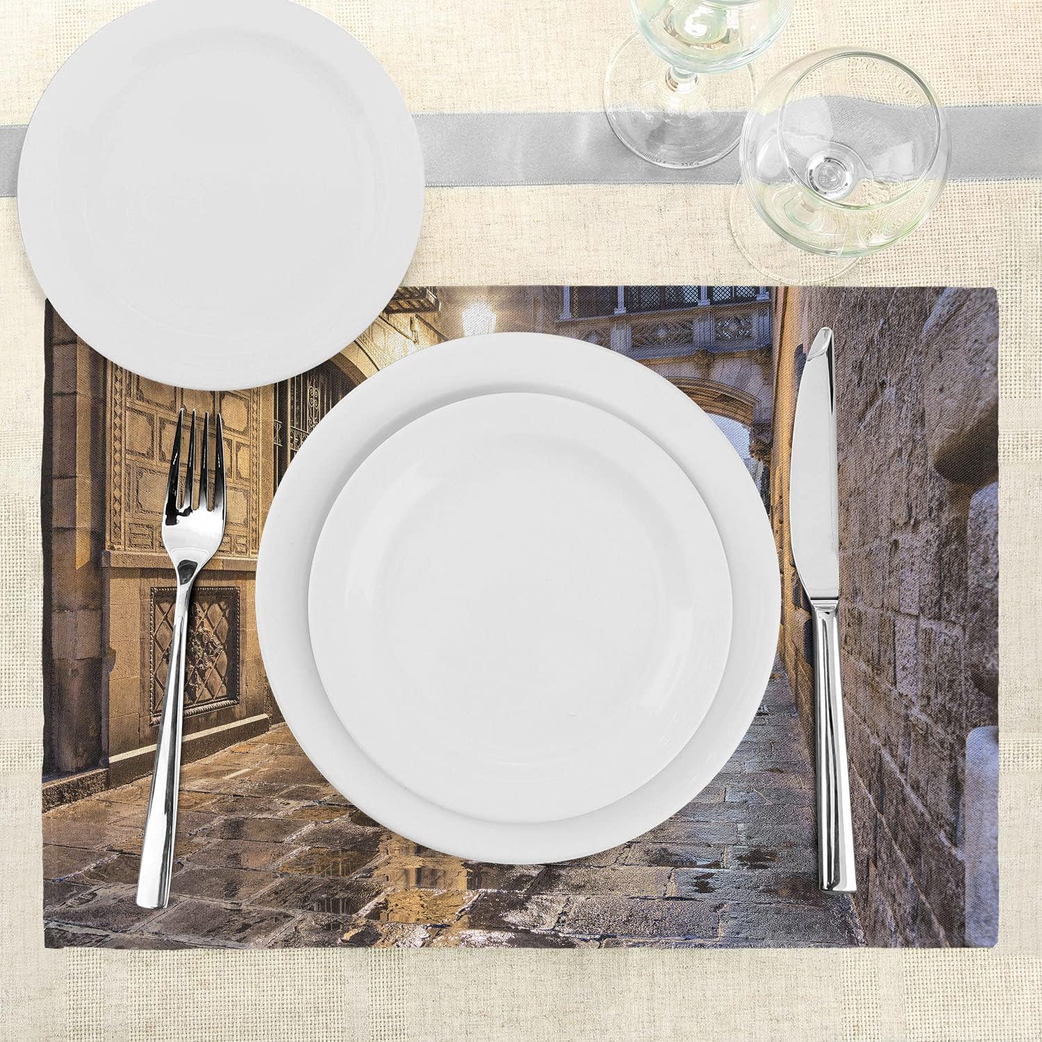 Lunarable City Place Mats Set of 4, Narrow Street Gothic Design Architecture Carrer del Bisbe Barcelona Spain Europe, Washable Fabric Placemats for Dining Room Kitchen Table Decor, Tan Pale Brown