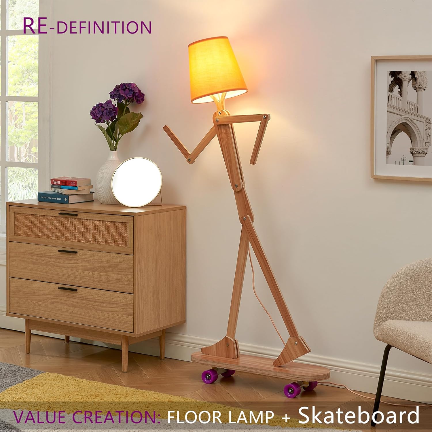 Unique Wood Floor Lamp Tea Table for Living Room Bedroom Kids Bedside - Corner Reading Creative Swing Arm Standing Light for Home Office Farmhouse LED Bulb Included (Ash Table)