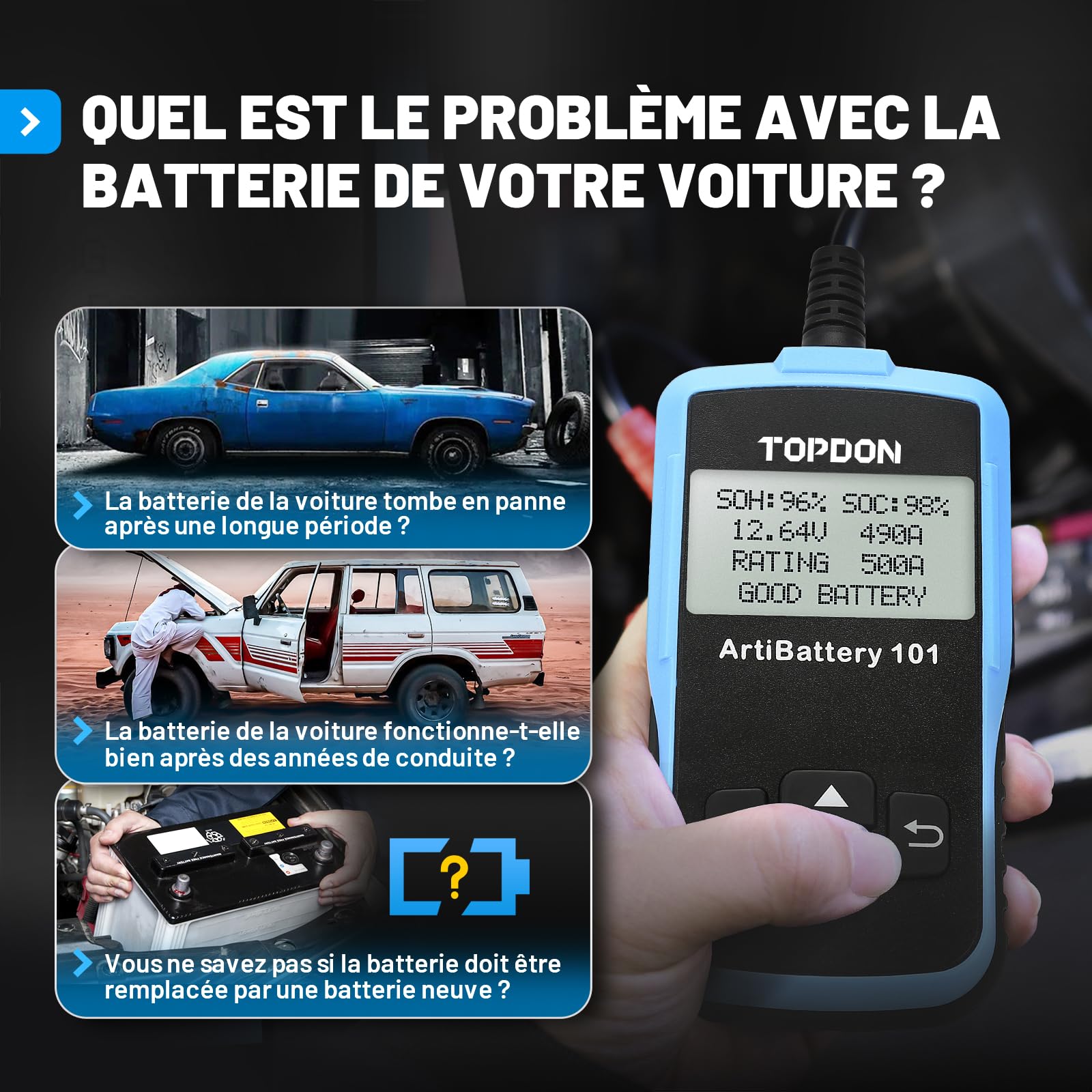 TOPDON Testeur de Batterie AB101 100-2000 CCA Testeur Batterie Voiture 12v