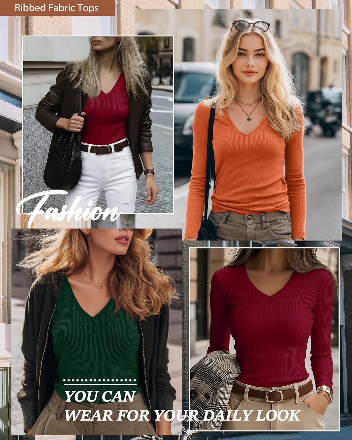 Ficerd 3 Pack Women's Long Sleeve T Shirts Cotton V Neck Slim Fit Tops Ribbed Knit Layering Casual Basic Tees Fall - Image 4