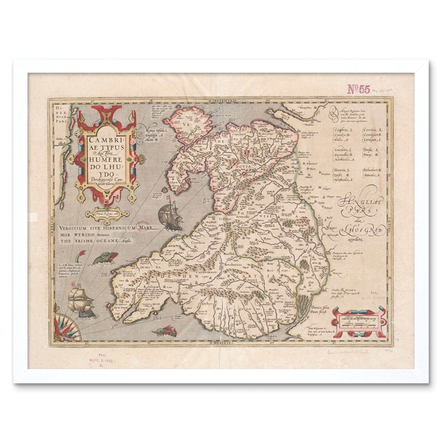 Hondius 1633 Welsh Latin Early Map Wales Cymru Art Print Framed Poster Wall Decor 12x16 inch