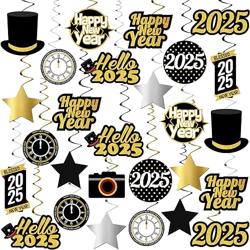 KatchOn, Remolinos colgantes de feliz año nuevo brillante, paquete de 30 | Suministros para fiesta de Año Nuevo 2025 | Decoraciones de Año Nuevo