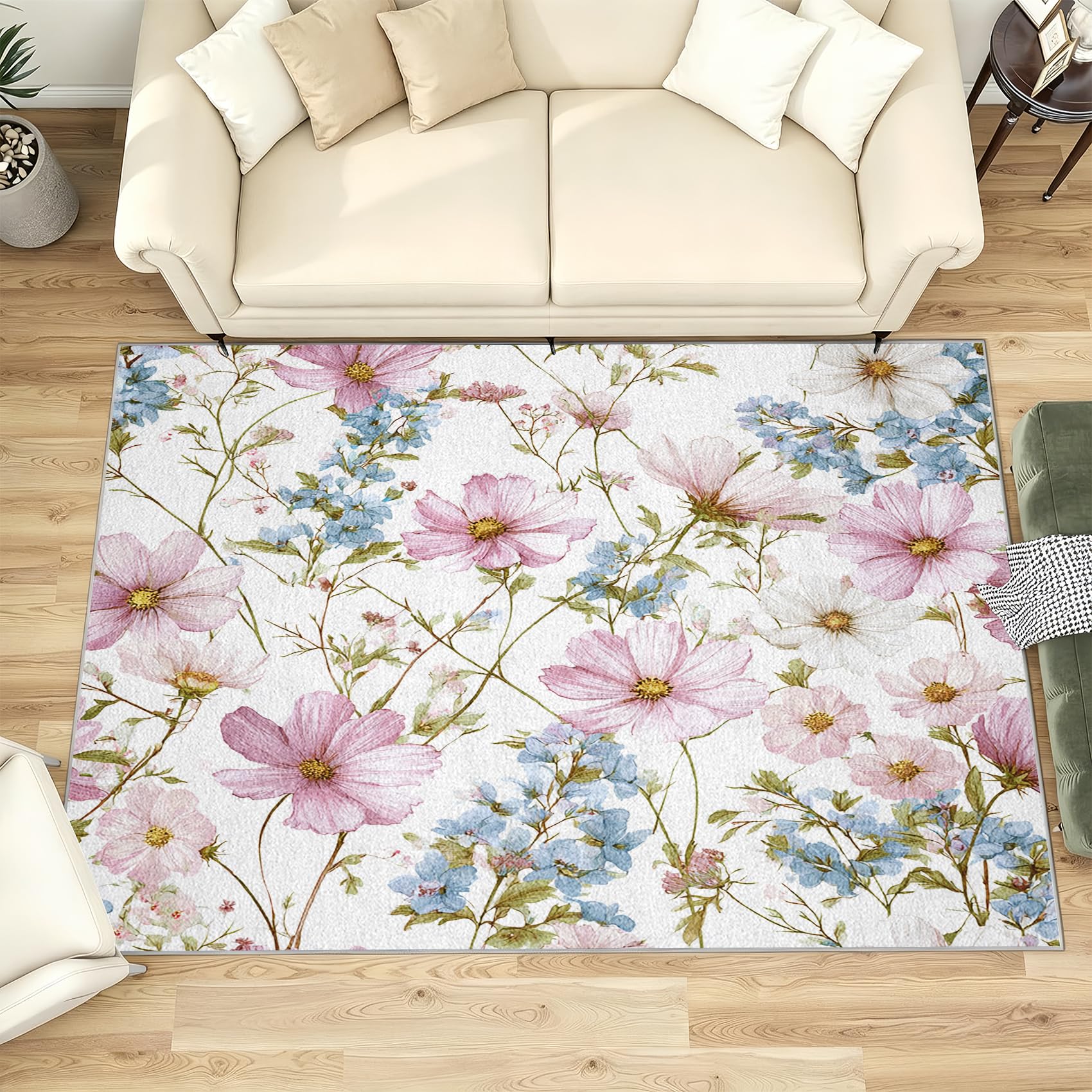 Tapis salon 160 x 230 cm floral lavable à motif fleur aquarelle