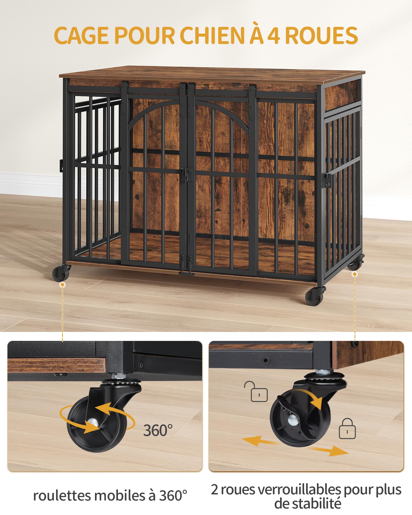 Hzuaneri Cage pour Chien avec roulettes Pivotantes à 360°, Caisse avec Porte Coulissante, Moderne en Bois pour Chiens de Petite et Moyenne Taille, pour Une Utilisation en Intérieur, Marron Rustique