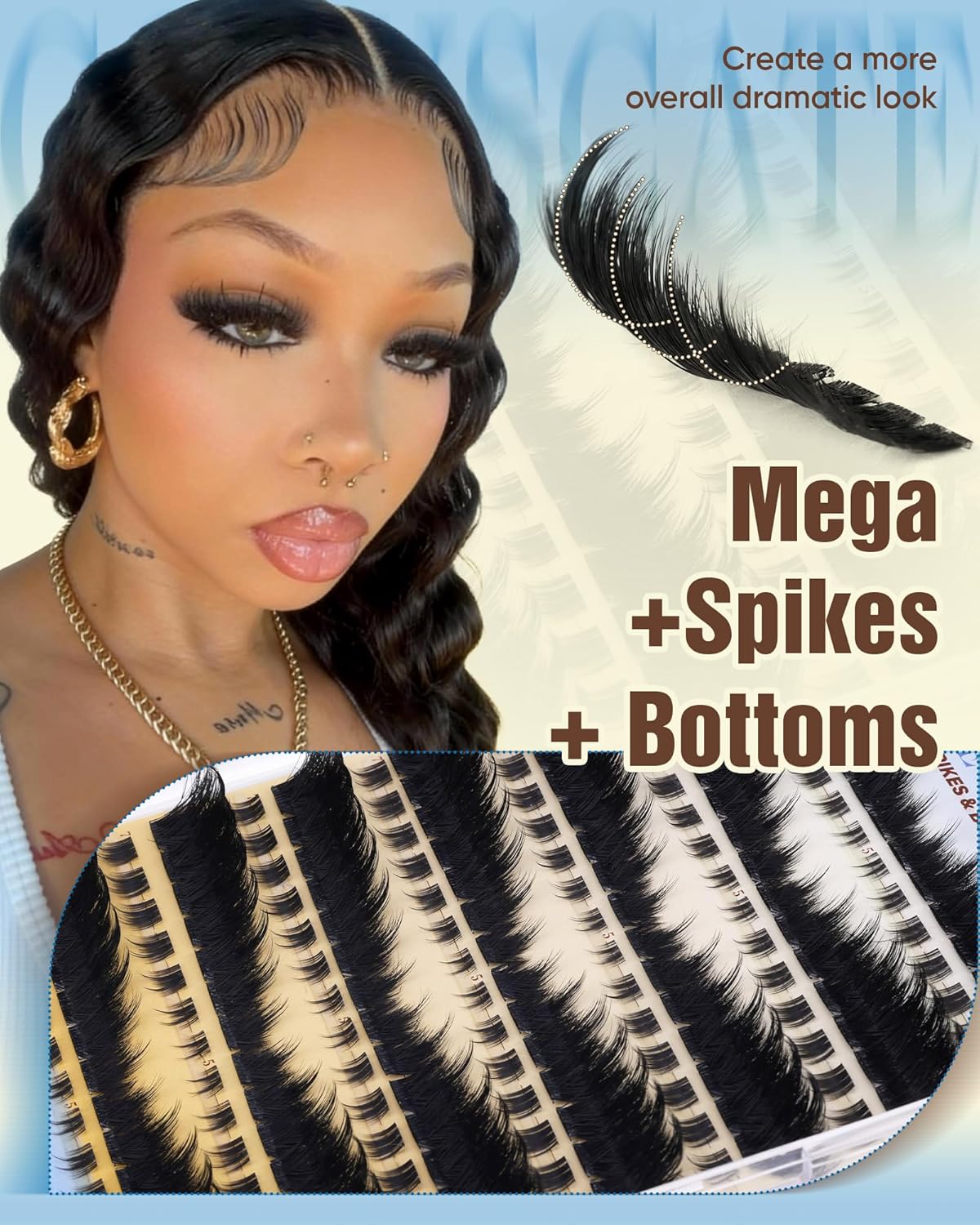 CORUSCATE Lash Clusters Kit Dramatic Spikes Lashes Cluster with Bottom Lashes Mink Strip Eyelash Clusters Kit Pre Mapped Cluster Eyelash Extensions Cat Eye Lash Extension Mega Spike with Eyelash Glue