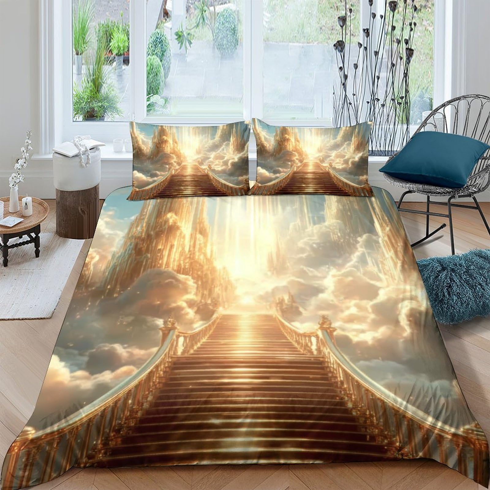 Ctjqhvkz Style-3 3D Printed Golden Stairway Heaven Fitted Sheet Microfiber Soft Anti-Slip Mattress Cover For Bedroom Guest Room Decor Single（135X200cm）