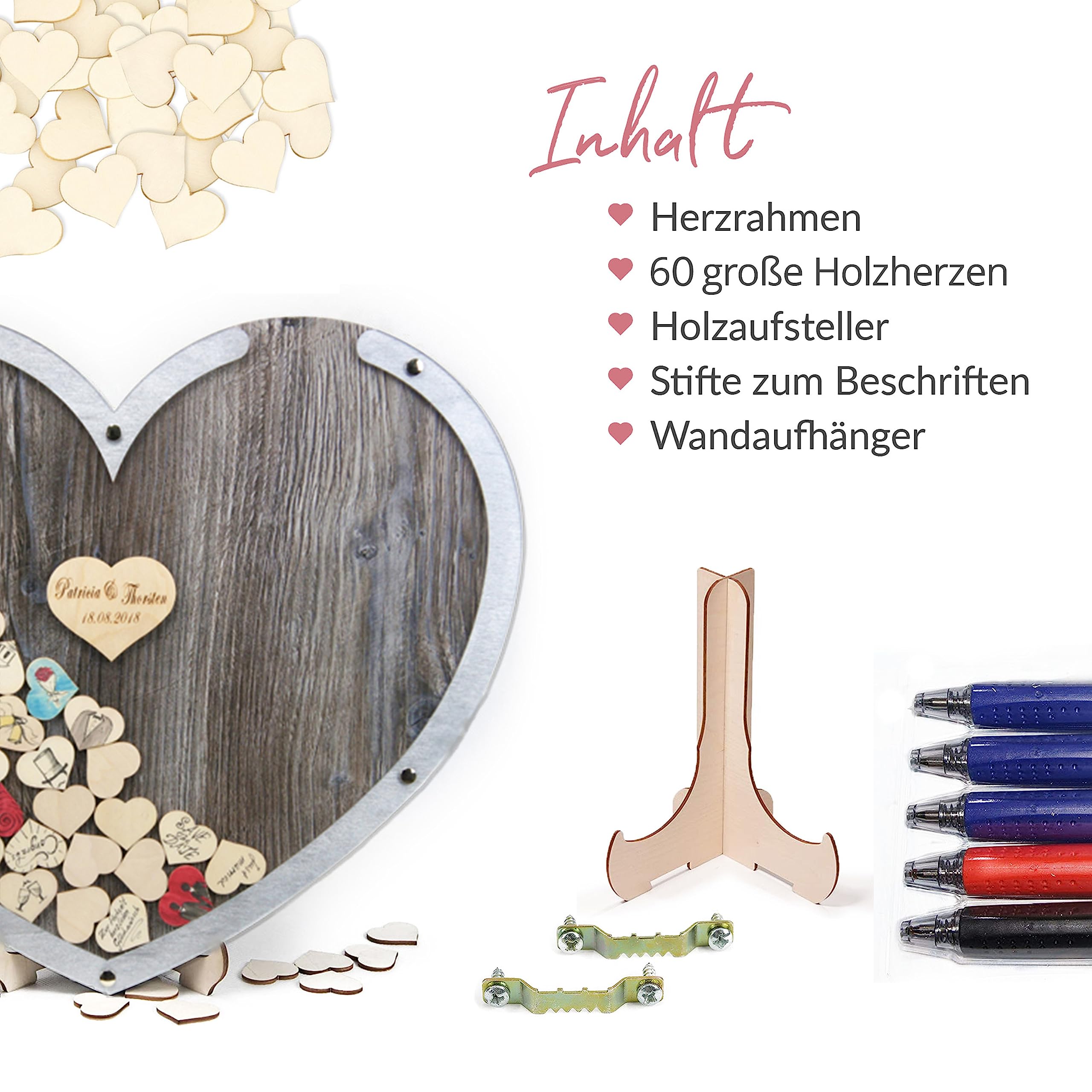 Edles Herz Hochzeitsgästebuch im Dekor Dark Oak, personalisierbar m. Wunschgravur auf 10cm Holzherz, inkl. 60 Holz-Herzchen als Einwurfherzen; Hingucker in Herzform (50x40cm) Made in Germany