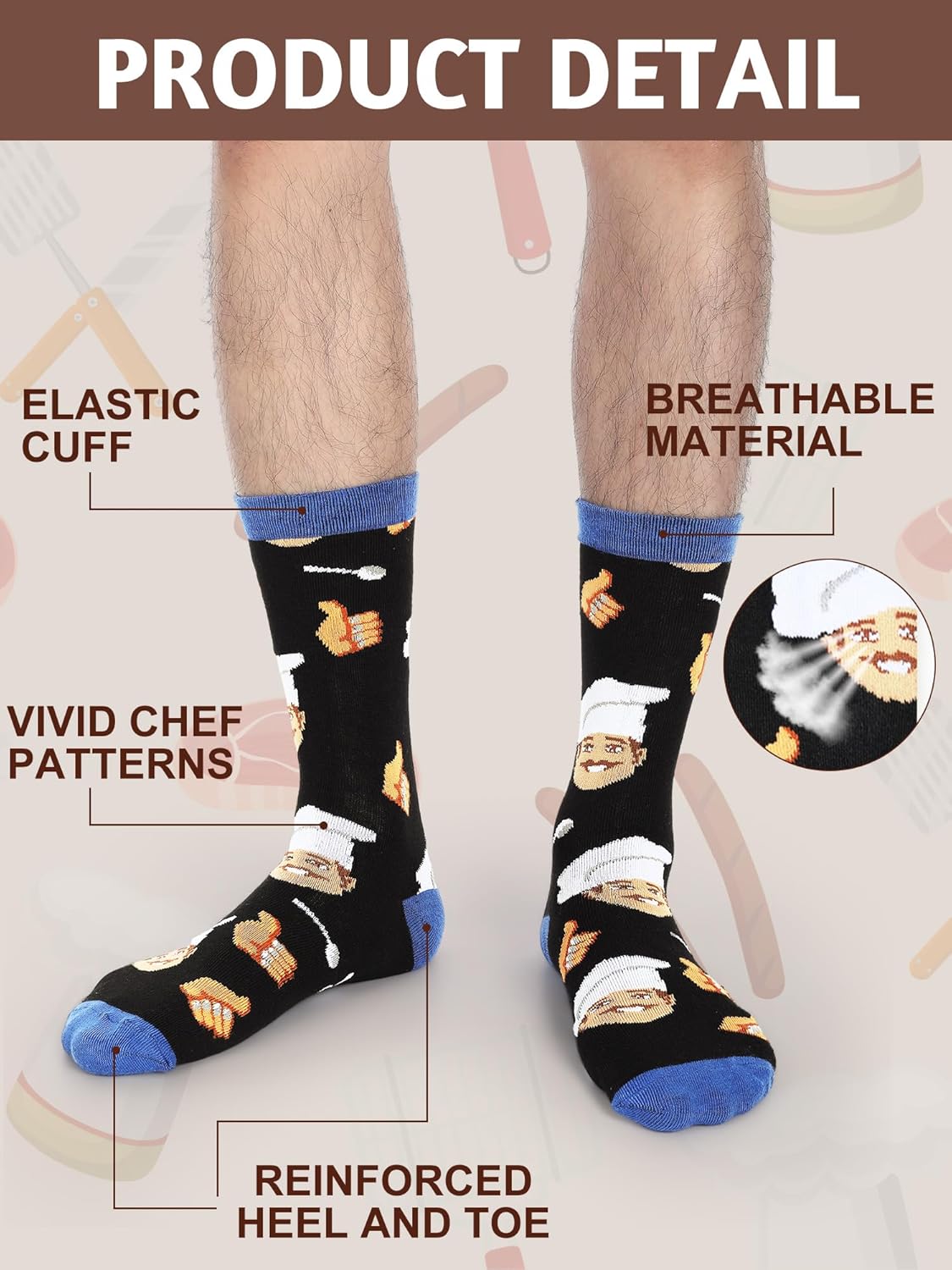 Eurzom 6 Pairs Novelty Chef Socks for Men Funny Crew Cooking Occupation Socks Birthday Valentine's Day Gift for Cooks Cooking Lover - Image 5