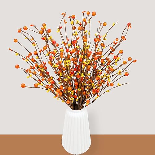 Miniatura 3 de Paquete de 6 tallos de otoño para jarrones, tallos de bayas artificiales de 16.5 pulgadas para granja de otoño con púas de bayas de naranja y flor