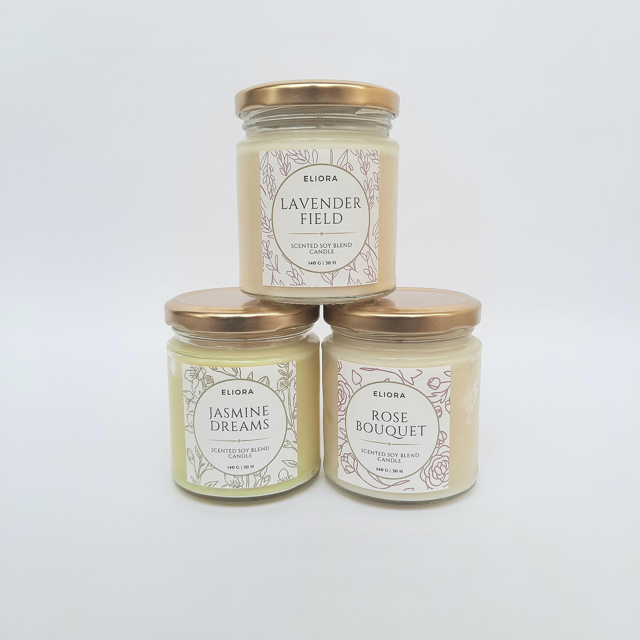 Jasmine, Lavender and Rose Eliora Scented Soy Blend Candles (Set of 3-140gms Each), Burn Time- 30 Hours, Best for Gifting