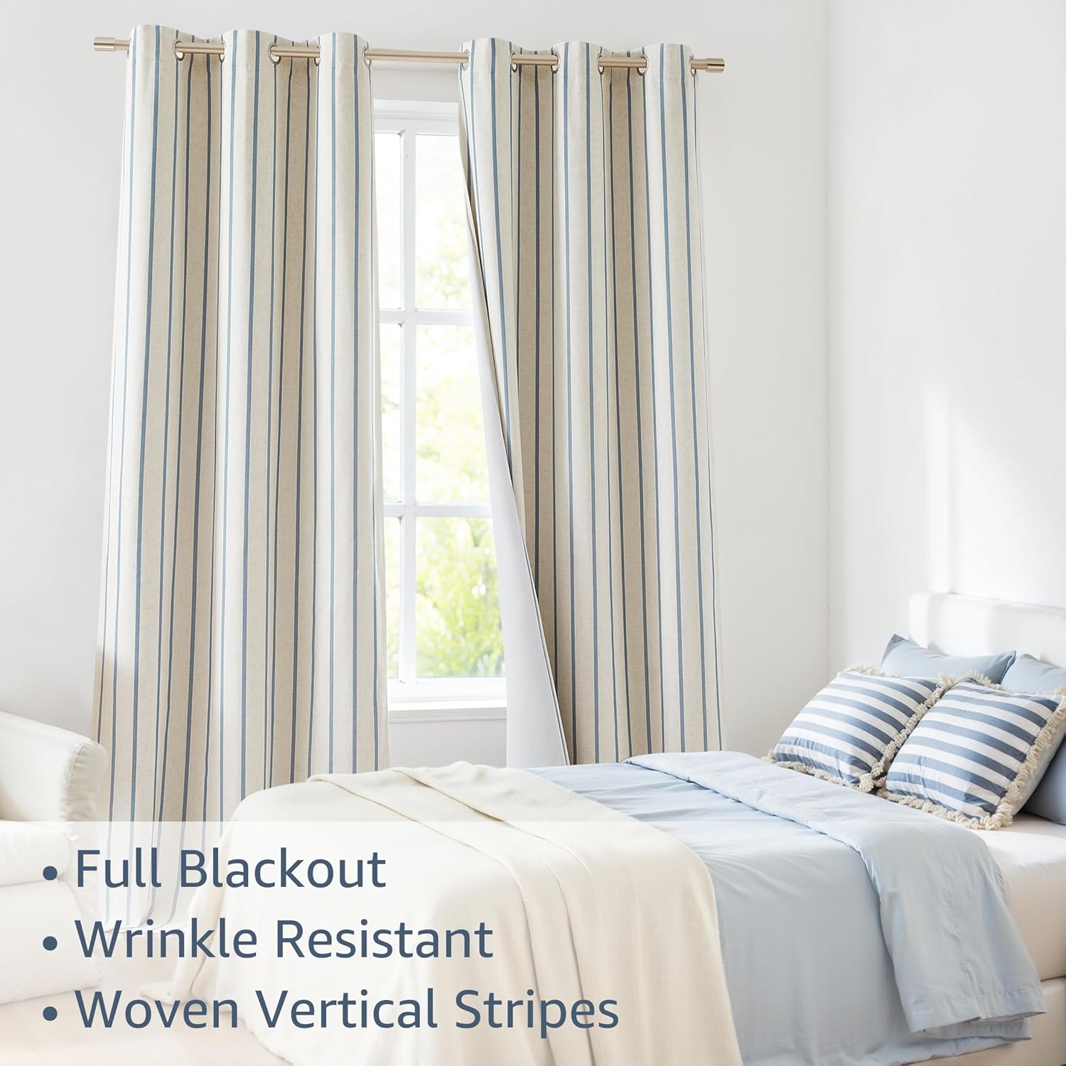 Dusty Blue Striped Blackout Curtain Panels 84 Inches Length,Woven Vertical Stripes on Beige Linen Blended Neutral Drapes,Rustic Thermal Insulated Bedroom Window Treatment,Grommet,40"Wx84"Lx2