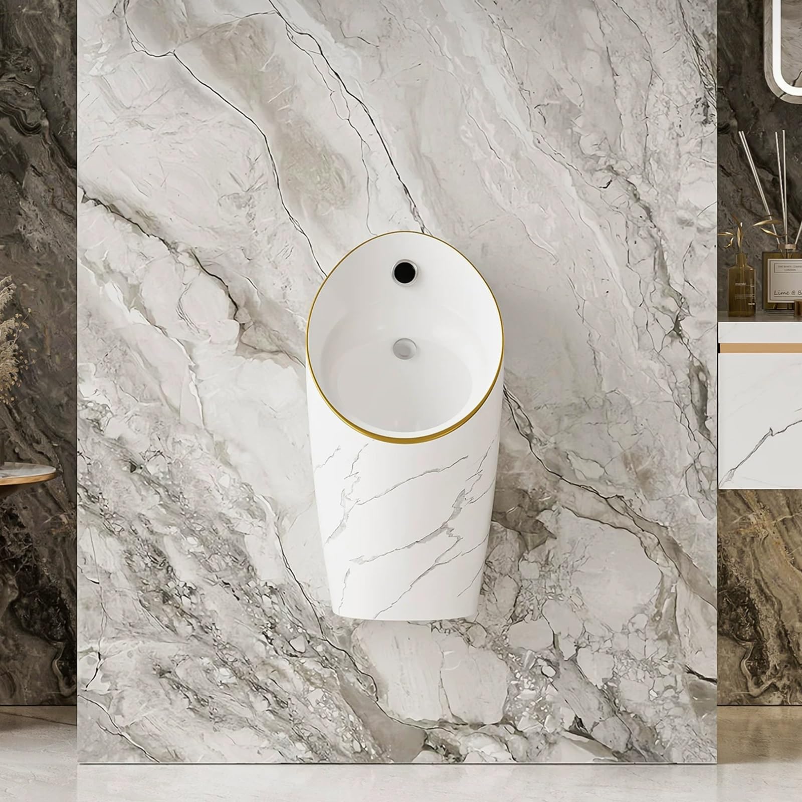 Urinal für Herren – Auslauf- und Spritzschutz, wandmontiertes Keramik-Urinal mit intelligentem Sensor und automatischer Spülung; platzsparendes(Stone+Gold,Built-in Sensor)