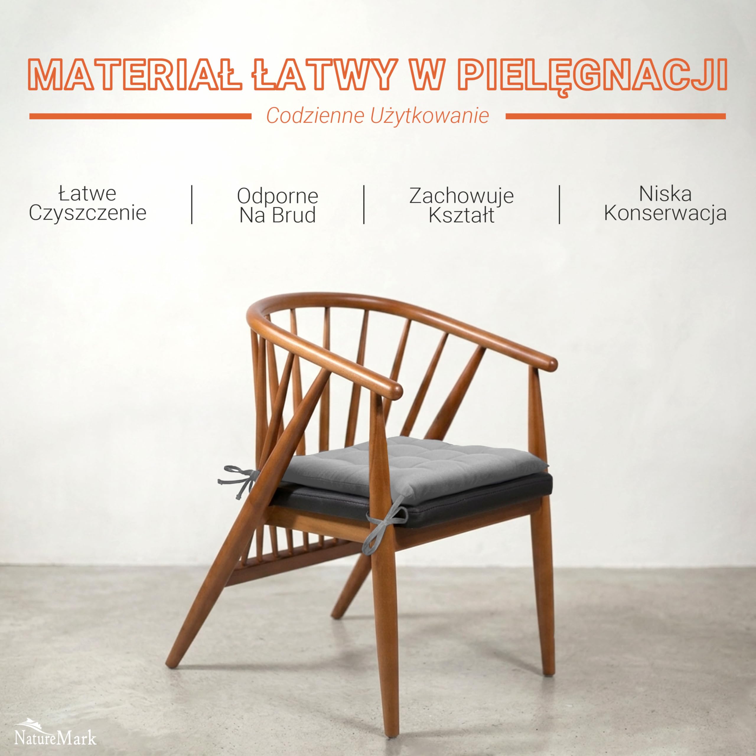 NatureMark Zestaw 4 Poduszek na Krzesła z Tasiemkami 40x40 cm – Poduszka do Siedzenia Wypełniona – Do Kuchni i Ogrodu – Kolor Srebrno-szara