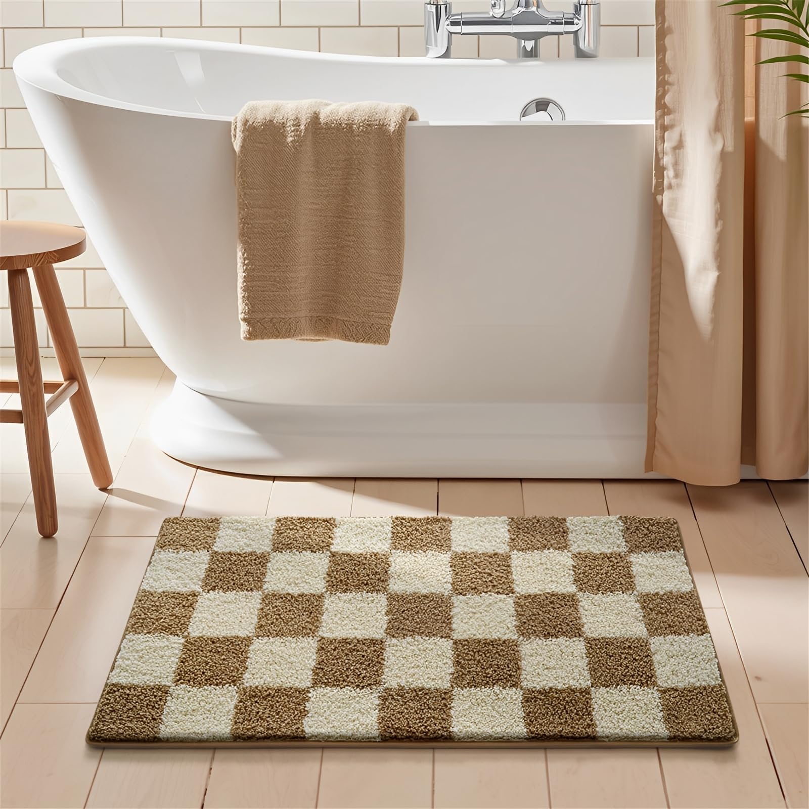 Surwin Microfiber Bath Mat Non Slip, Checkerboard Soft Fluffy Large Bathroom Mat Super Absorbent Bathmat Machine Washable & Quick Dry Bath Rug for Bathroom, Shower (Khaki,50x90cm)