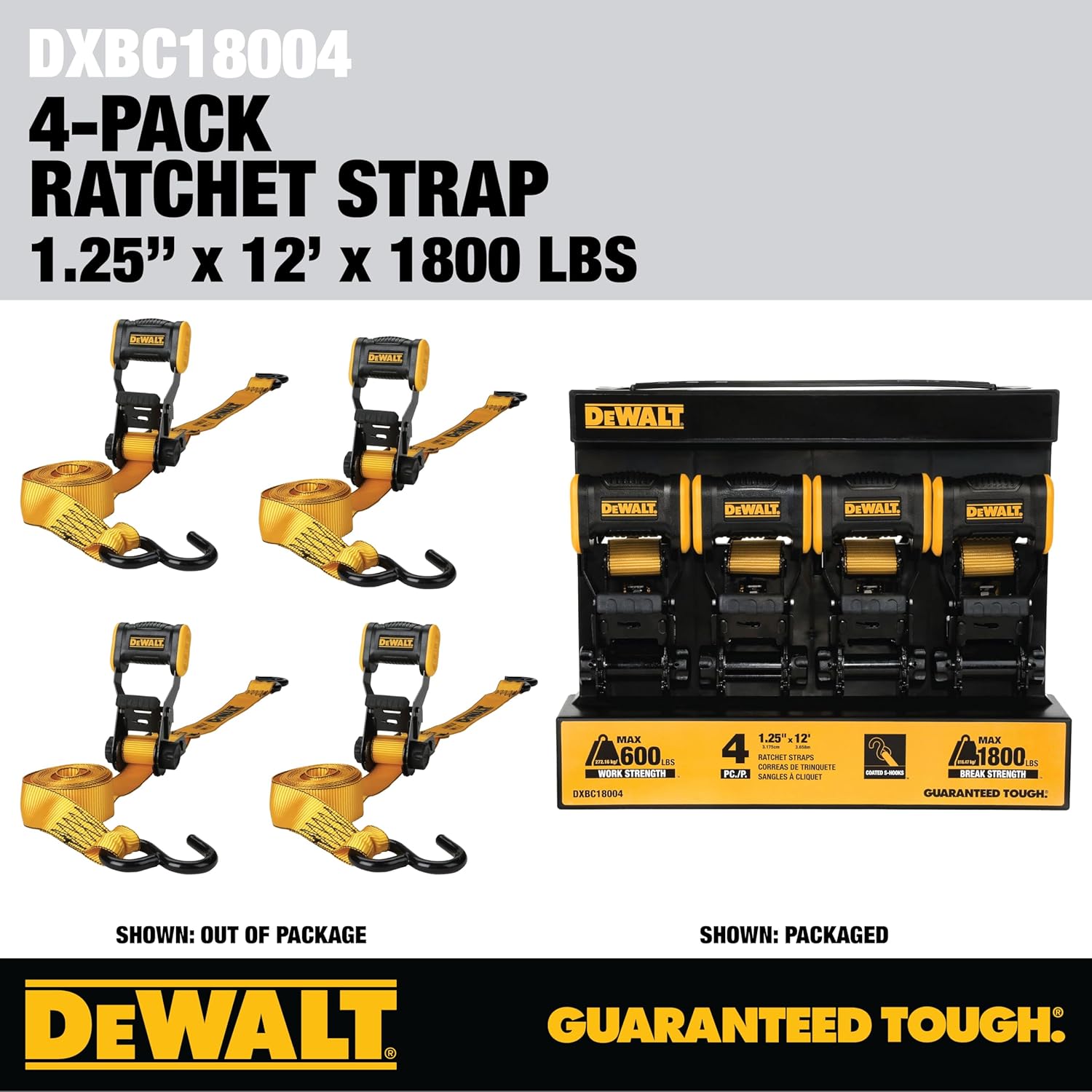 DEWALT DXBC18004 Black/Yellow 1.25" x 12' Ratchet Tie Down Straps - Light-Weight Cargo Hauling (1800 lb Break Strength), 4 Pack