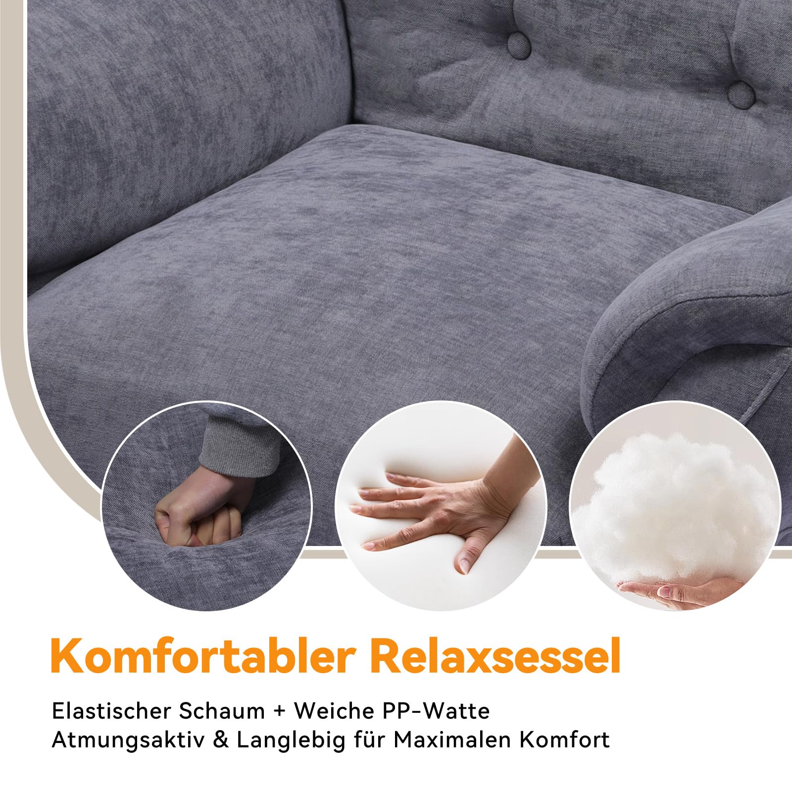COMHOMA Relaxsessel Fernsehsessel mit Liegefunktion, Liegesessel mit Hocker & 4 Verstellbarer Rückenlehne, Polstersessel Stoff Einzelliegesessel Wohnzimmer Schlafzimmer Heimkino, Chenille, Grau