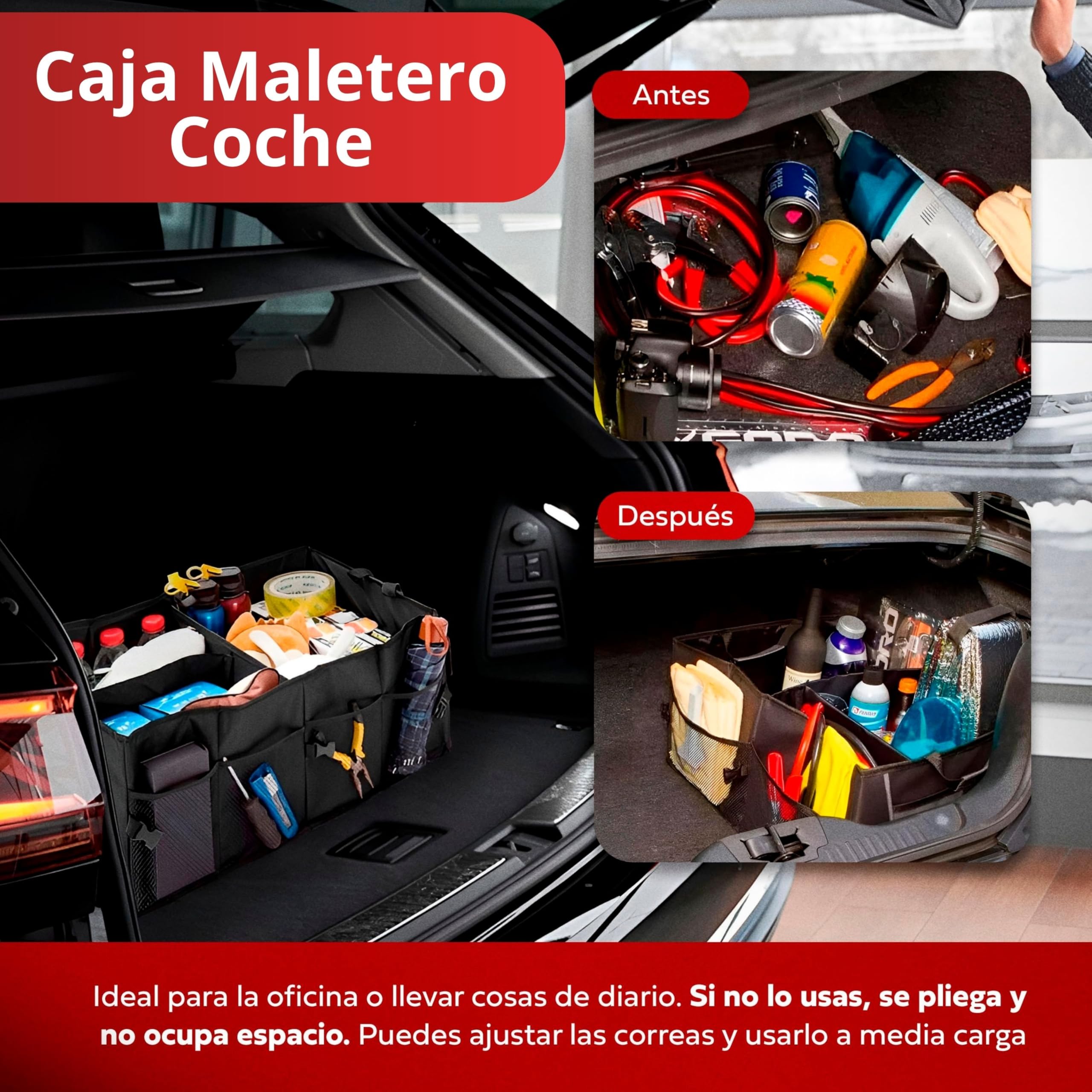 Organizador Maletero Coche Plegable - Flexible - Impermeable | 3 Compartimentos y 6 Bolsillos │ Asas Reforzadas │ Tamaño Adecuado para Coche, SUV o Furgoneta │ Mantén el Maletero Ordenado