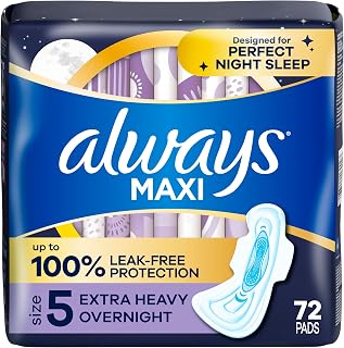 Always Maxi Overnight Pads with Wings Size 5, Extra Heavy Flow Unscented 72 Count - 100% Leak-Free Night Protection