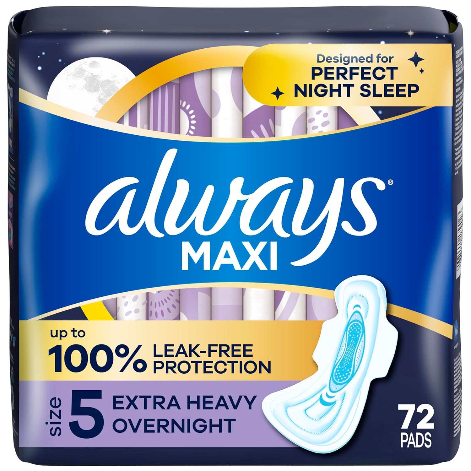 Always Maxi Overnight Pads with Wings Size 5 Extra Heavy Overnight Unscented 72 Count