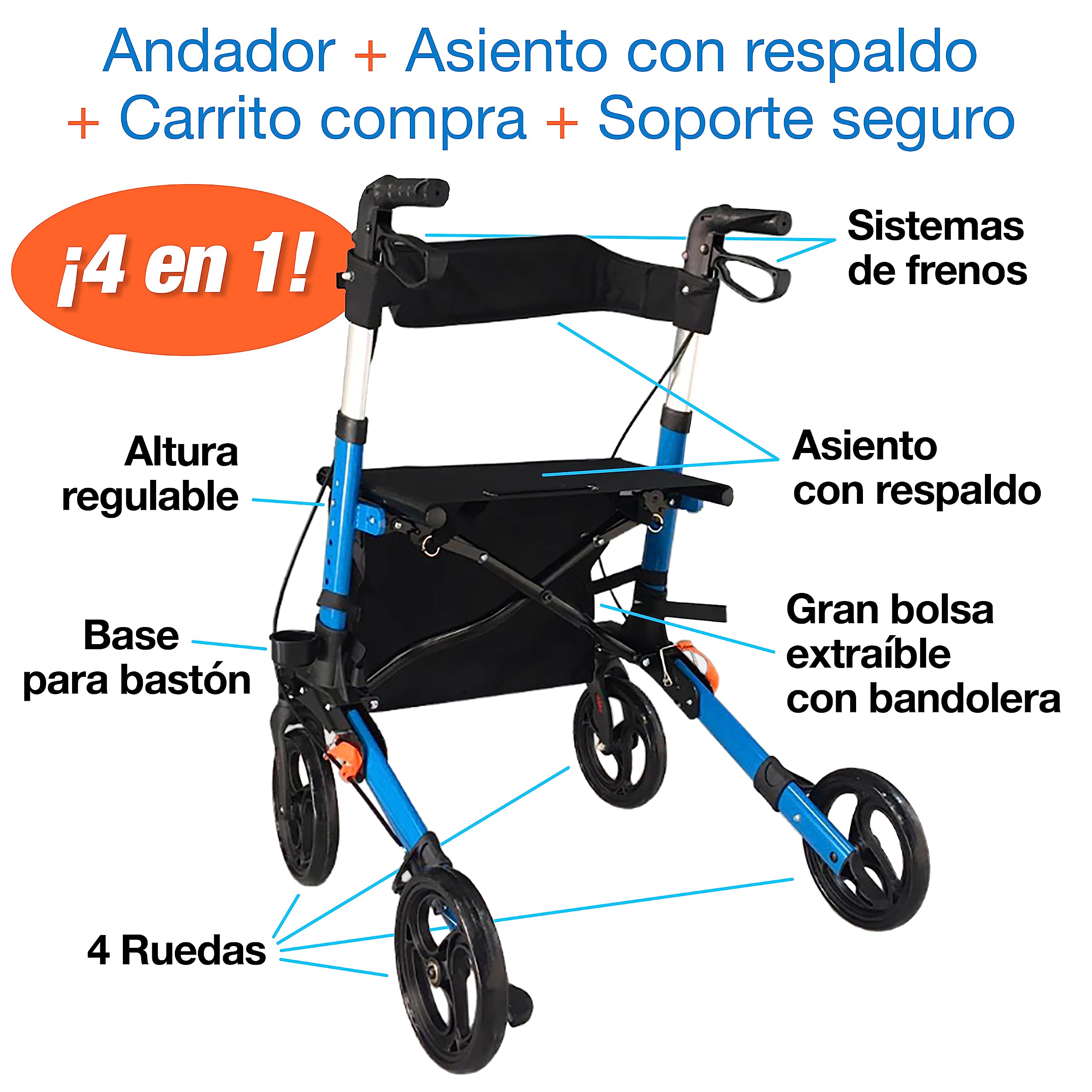 ANDADOR "4 EN 1" VIDA FÁCIL Galería del Coleccionista. Carrito Ortopédico para personas mayores, convalecientes… Aluminio superligero, Asiento, 4 Ruedas, Frenos, Bolsa. Totalmente Plegable. 011700126