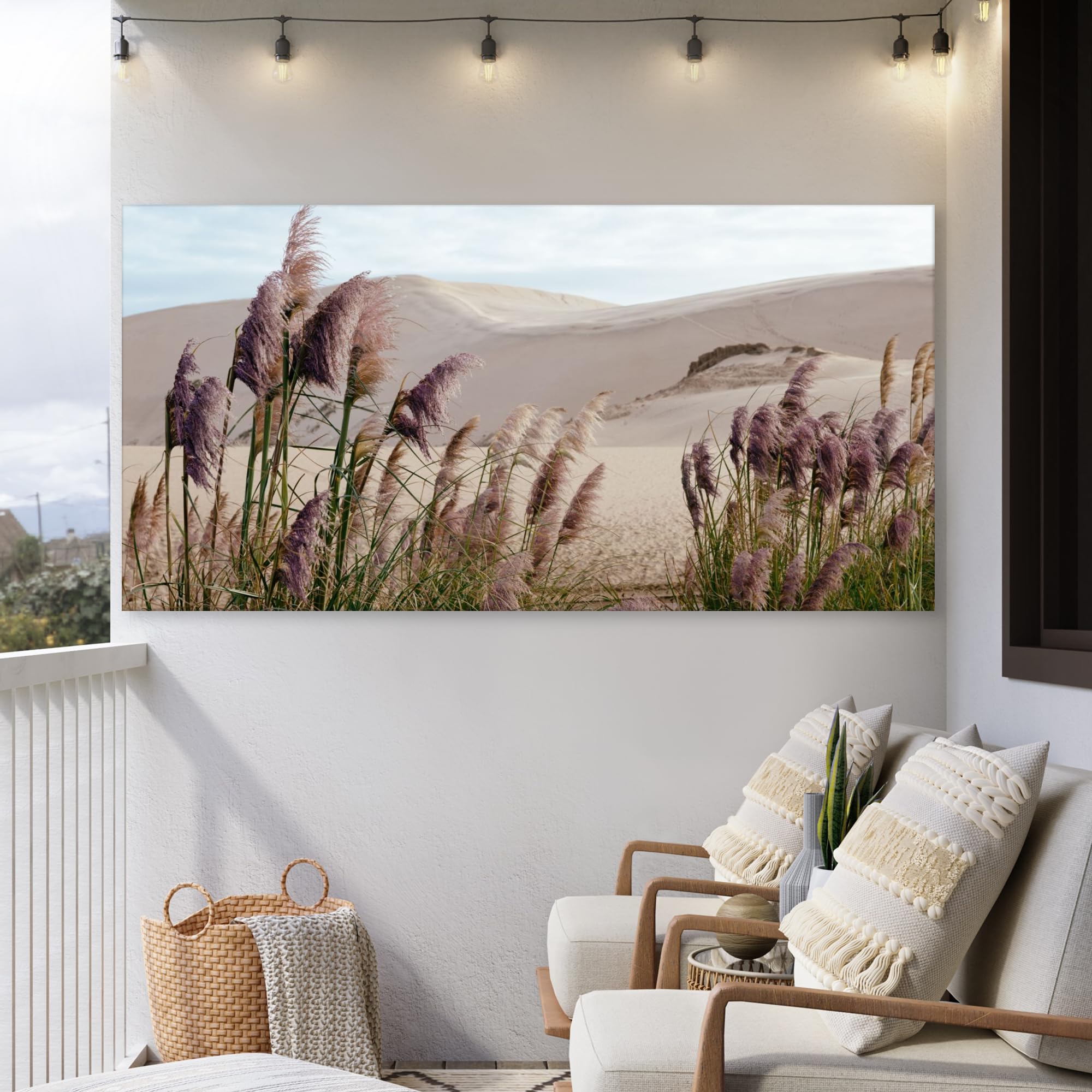 Outdoor Leinwand Bild 200x100 cm Gartenbild Wetterfest Terrasse Deko Balkon Wandbild Außendekoration Modern Draußen Pampasgras - Sand - Pflanzen - Düne