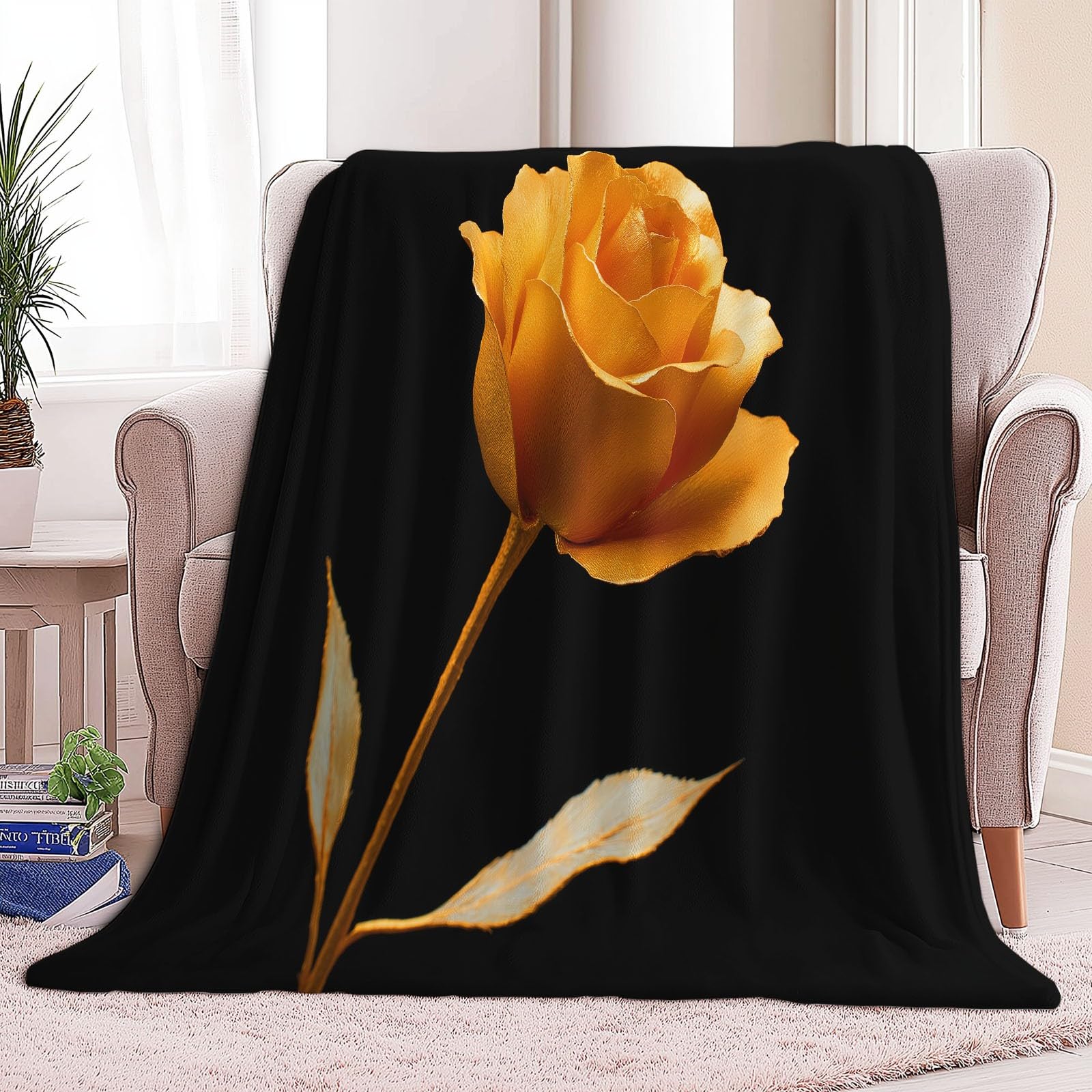 Koc polarowy flanelowy roślinny w kolorze różowego złota, elegancki polar, narzuta na kanapę, przytulny koc na łóżko 2-osobowe w kratę zimowy, 220 x 240 cm Czarny