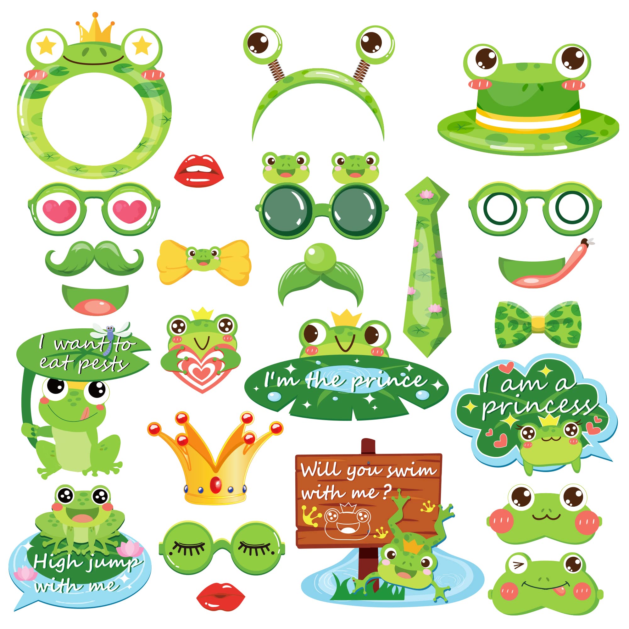 Cc Home 25Pcs Cartoon Frog Photo Booth Props, Summer Lotus Party Decorations Favor For Frog Theme Party Supplies Essentials With Sticks And Glues