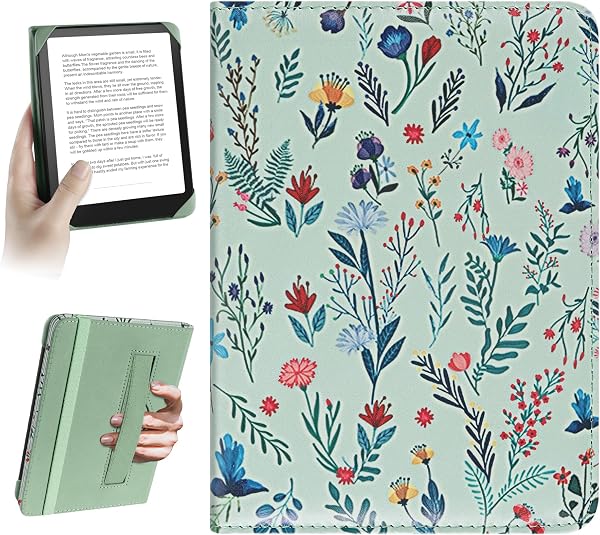 HoYiXi Universal Case for 6 inch Kindle eReader Compatible with Paperwhite(2025/2018)/PocketBook and Tolino/Kobo Clara HD,6" eReader Protective Case Cover Elastic rope,White flowers - 1